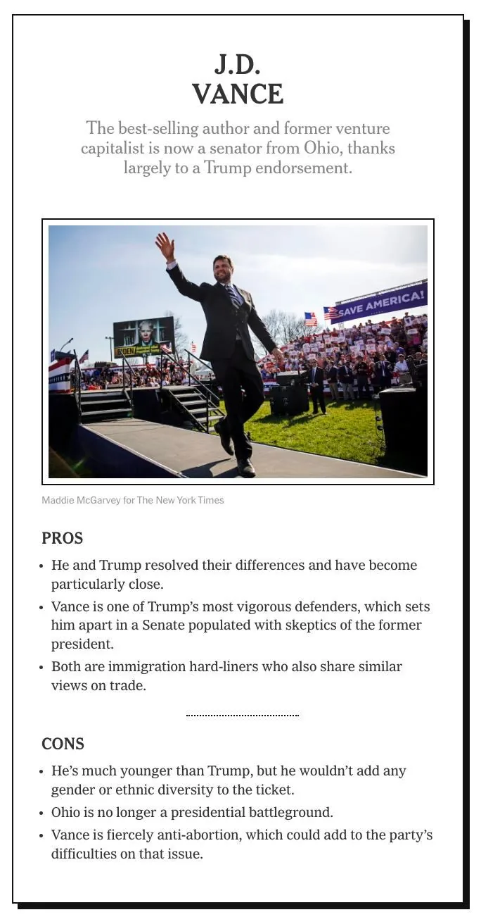 The image features J.D. Vance at a political rally. He is standing on a stage, waving to a large, enthusiastic crowd. The background shows numerous attendees, some holding signs, with a prominent "SAVE AMERICA!" banner visible. The American flags add a patriotic element to the scene. The lighting is bright, suggesting a sunny day, which complements the energetic mood of the gathering.
J.D. Vance is dressed in a formal suit and appears confident and engaging as he connects with the audience, illustrating his political influence and charisma. The image is credited to Maddie McGarvey for The New York Times and highlights key aspects of Vance's political stance, including his relationship with Donald Trump, immigration views, and anti-abortion position. The pros and cons outlined in the text emphasize his alignment with Trump, his potential impact in Senate, and factors such as Ohio's political landscape and diversity considerations.
