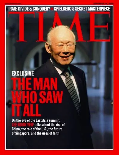 The cover of TIME magazine features a striking portrait of Lee Kuan Yew, the former Prime Minister of Singapore. He is prominently placed in the center, dressed in a dark suit with a white shirt and patterned tie, exuding a demeanor of calm authority and wisdom. The lighting is dramatic, casting shadows that add depth to his facial features and highlighting his gentle smile, conveying a sense of confidence and experience. The background is softly blurred, focusing attention entirely on Lee Kuan Yew.
The cover headline reads "THE MAN WHO SAW IT ALL," suggesting a focus on Lee Kuan Yew's extensive experience and insights. Additional text highlights upcoming discussions at the East Asia summit regarding the rise of China, the role of the U.S., the future of Singapore, and the uses of faith, indicating the breadth of topics Lee Kuan Yew is engaged with. The recognizable red border and TIME logo frame the image, reinforcing its authoritative journalistic style. The top of the cover includes references to geopolitical issues and cultural commentary, such as "IRAQ: DIVIDE & CONQUER?" and "SPIELBERG'S SECRET MASTERPIECE," providing context to the era's pressing concerns and cultural landscape.
- Title: "THE MAN WHO SAW IT ALL"
- Site / app: "TIME"