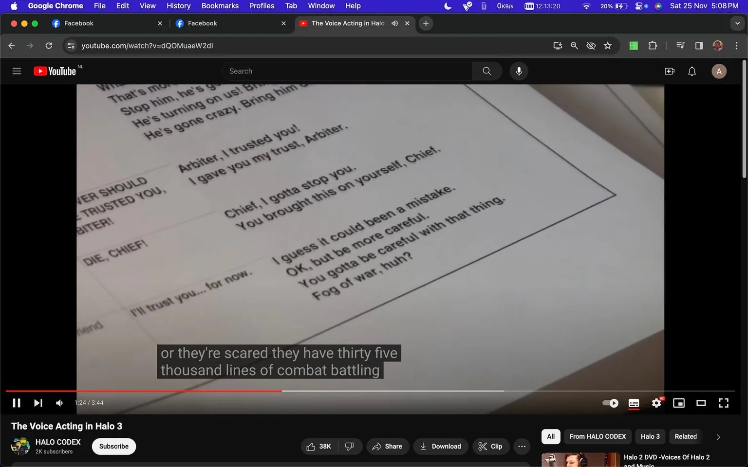 ```
The video frame from YouTube captures a moment from a video titled "The Voice Acting in Halo 3," posted by the channel HALO CODEX. The focus is on a script from the game "Halo 3," prominently displaying dialogue lines from characters like the Arbiter and Chief. The document is viewed in close-up, with text clearly visible in a structured layout, implying a scene of voice actors or developers discussing or rehearsing lines. The script includes dramatic lines such as "Arbiter: I trusted you!" and "Chief, I gotta stop you."
The setting appears to be indoors, likely in a recording or review session. The lighting is neutral, typical for an office or studio environment, and the frame emphasizes the importance of dialogue in the game's storytelling. Subtitles at the bottom mention "thirty five thousand lines of combat battling," highlighting the volume of voice work involved in the game. The video likely discusses the depth and complexity of voice acting in "Halo 3," with a focus on character interactions and narrative elements.