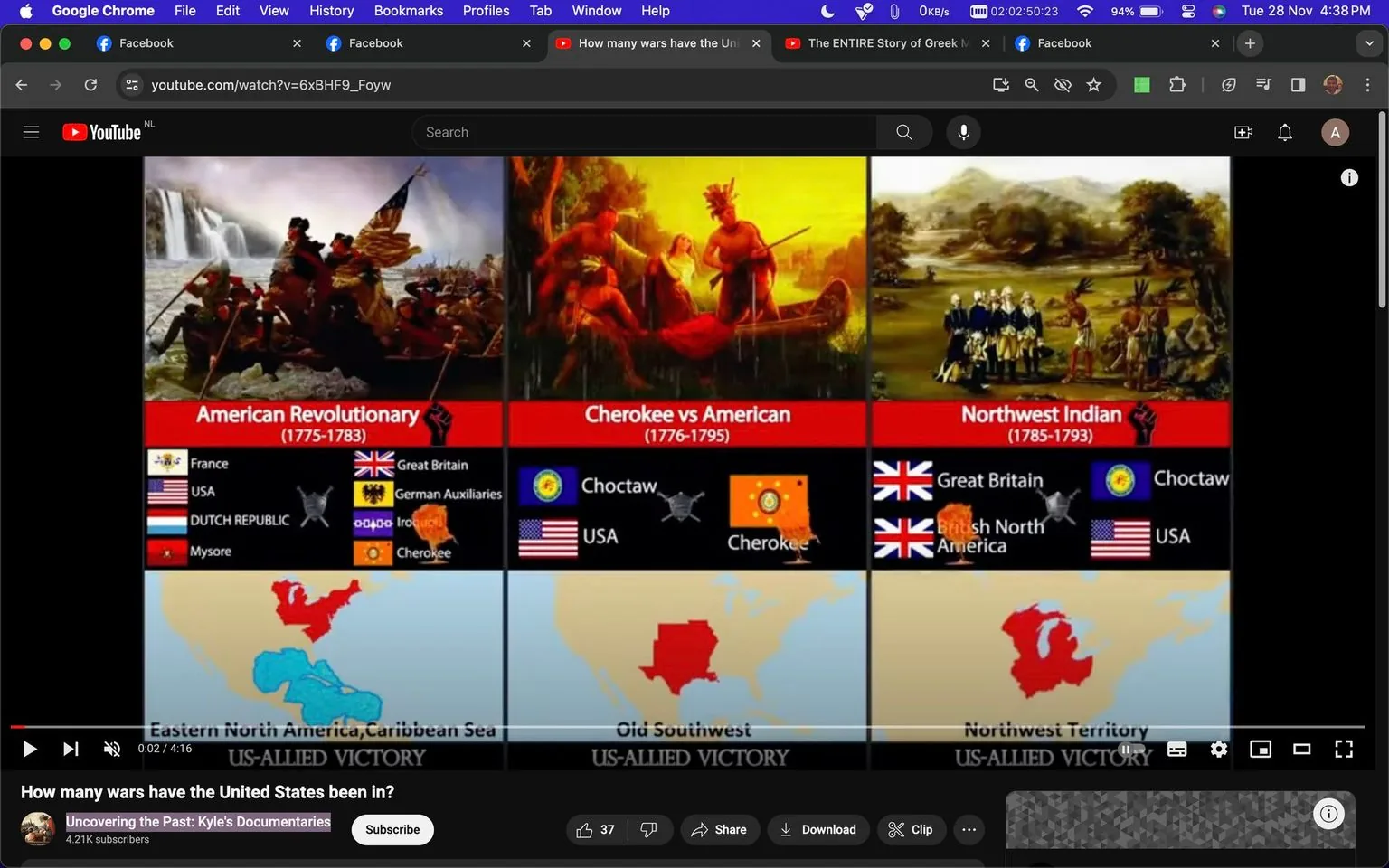 The image is a screenshot of a YouTube video titled "How many wars have the United States been in?" from the channel "Uncovering the Past: Kyle's Documentaries." It features a split screen displaying three historical conflicts involving the United States. Each section includes a title, flags representing the nations or groups involved, a map, and the outcome of the conflict.
The left section, labeled "American Revolutionary (1775-1783)," features a classic painting of the American Revolution. Flags of France, USA, Great Britain, the Dutch Republic, and Mysore are shown, with "US-ALLIED VICTORY" indicated at the bottom.
The middle section is titled "Cherokee vs American (1776-1795)," showing an intense, vibrant painting of Native Americans. Flags represent the Choctaw, USA, and Cherokee, with the same "US-ALLIED VICTORY" outcome.
On the right, "Northwest Indian (1785-1793)" depicts a meeting between Native Americans and settlers, with Great Britain and British North America flags shown. The USA flag is also present, suggesting the US was involved with the same victorious outcome.
The visual style is informative and historical, using artistic depictions of each conflict era. The video seeks to educate viewers about the various wars the US has participated in, illustrated through historical imagery and flags.