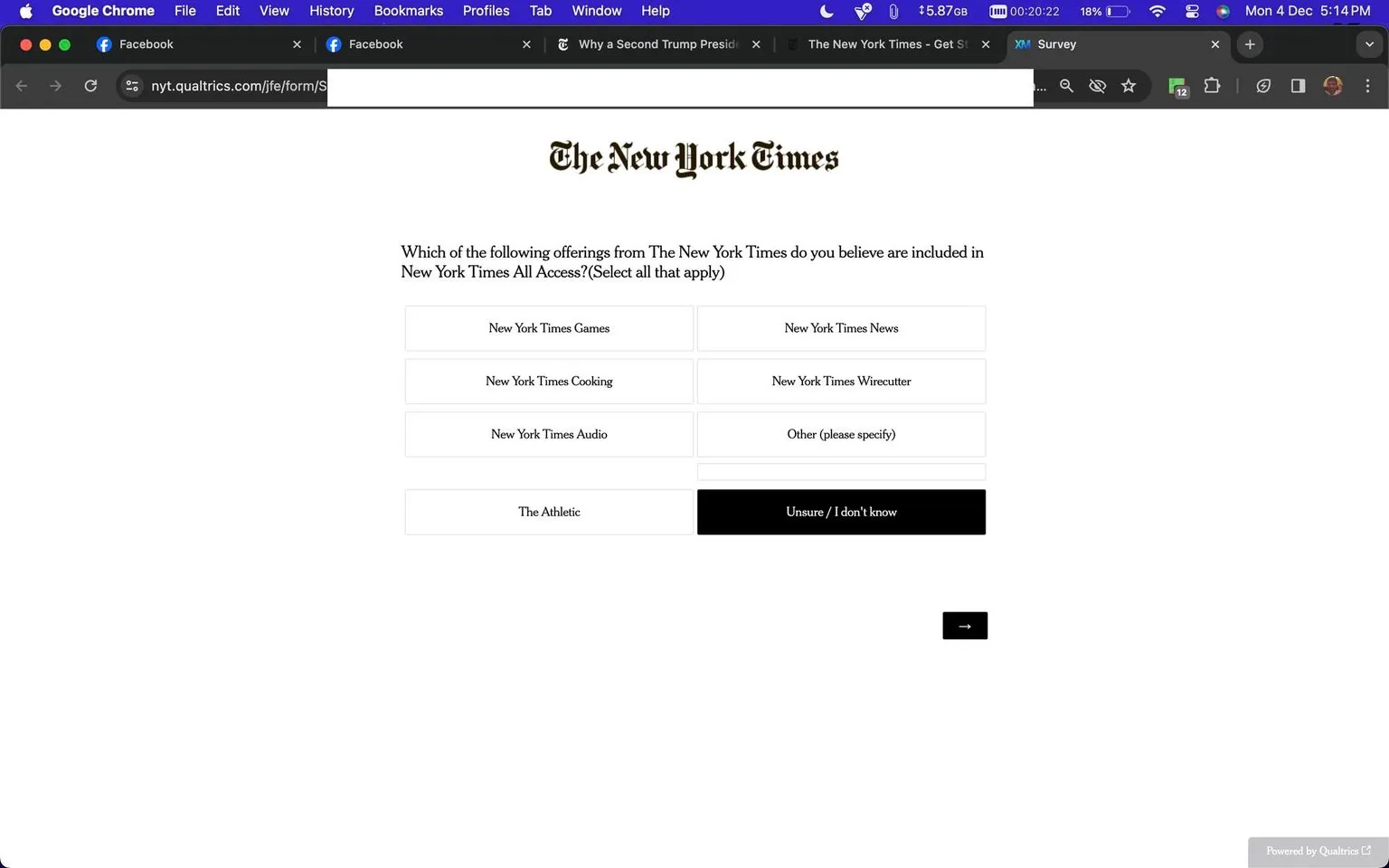 The screenshot displays an online survey interface from The New York Times, hosted on the Qualtrics platform. It features a question related to the New York Times All Access offerings. The question asks participants to select which offerings they believe are included in the subscription, with options such as "New York Times Games," "New York Times News," "New York Times Cooking," "New York Times Wirecutter," "New York Times Audio," "The Athletic," and an option for "Other (please specify)." There is also an option for "Unsure / I don't know." The design is minimalistic, with a plain white background and the recognizable New York Times logo at the top. This screenshot is part of an interactive survey meant to gather user perceptions or preferences regarding the publication's subscription services.