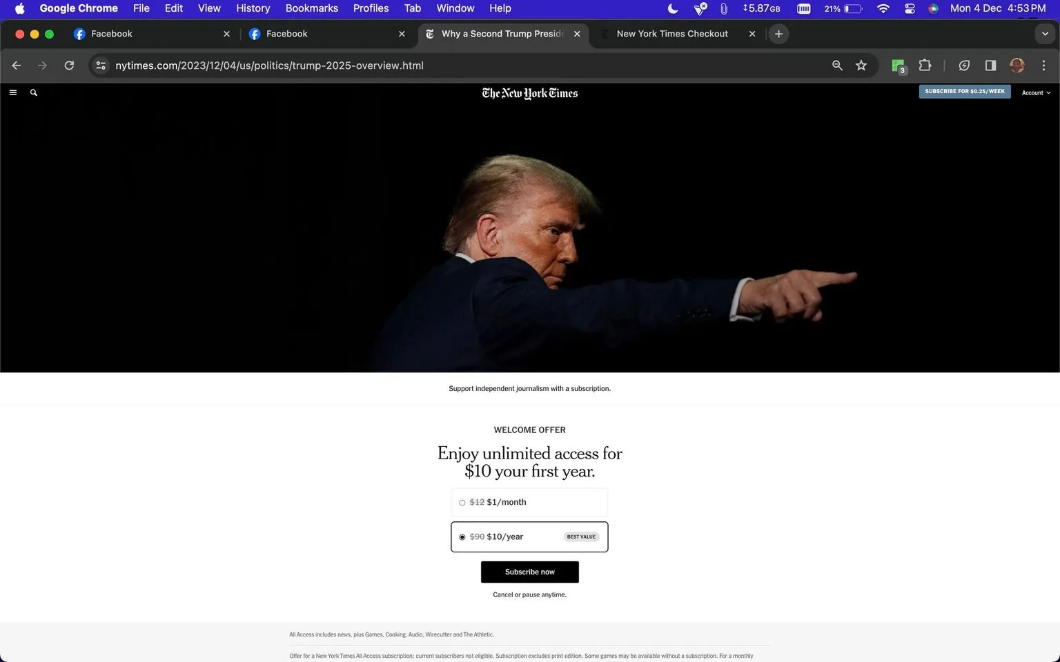 The screenshot depicts a webpage from The New York Times, featuring an article titled "Why a Second Trump Presidency May Be More Radical." The image prominently displays a person pointing to the right, set against a dark background. This is part of a promotional section encouraging readers to subscribe to The New York Times. The subscription offer is presented clearly in the center of the page: "Enjoy unlimited access for $10 your first year," with options for a monthly or yearly payment plan. The design is sleek and professional, with the photograph giving a dramatic flair to the otherwise minimalistic subscription pitch. The dark tones of the image contrast with the bright offer text, drawing the viewer's attention to the details of the subscription options. The branding and layout are consistent with The New York Times' style, emphasizing high-quality journalism and exclusive content.