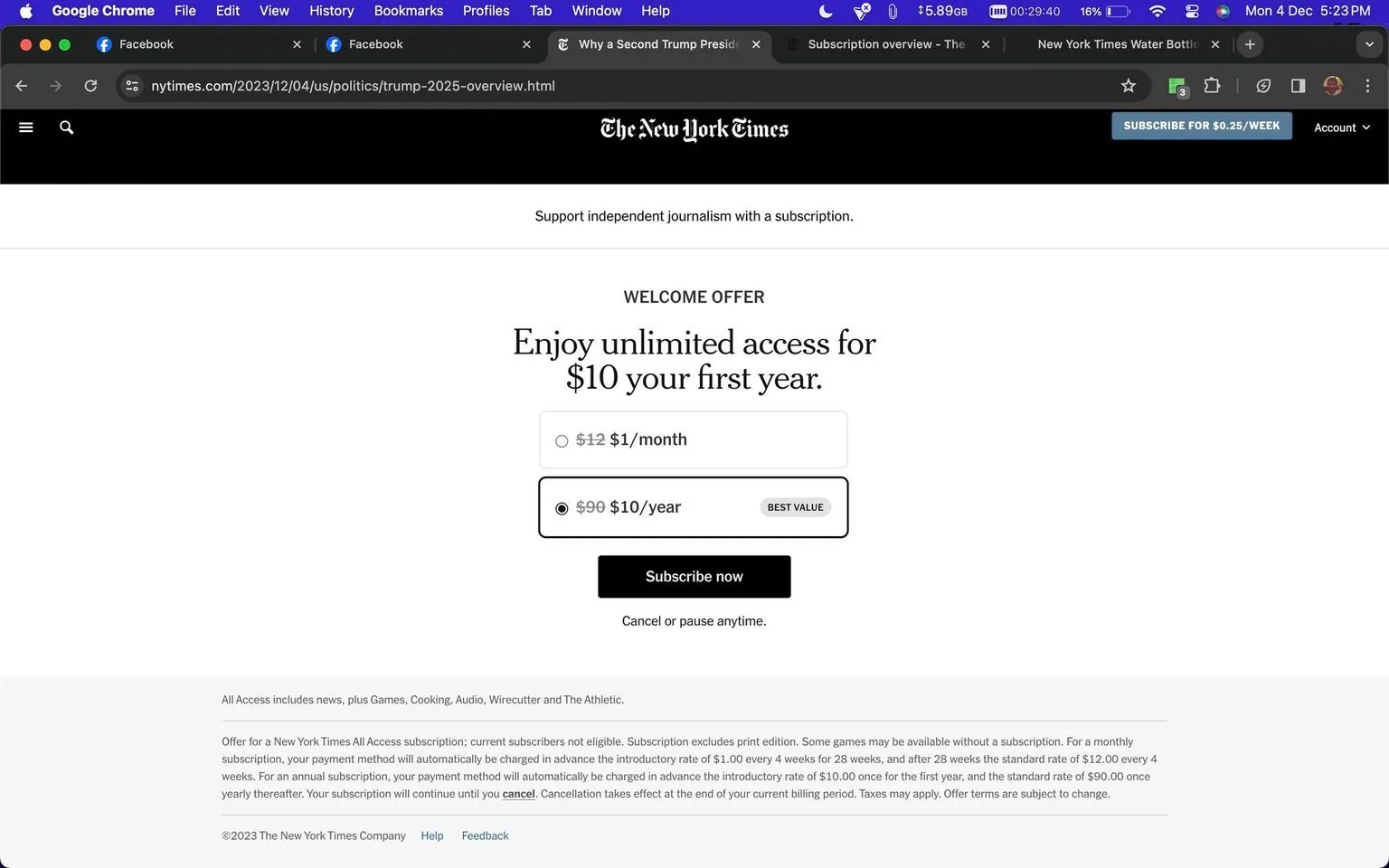 The screenshot displays a webpage from The New York Times offering a subscription deal. The page features a "Welcome Offer" prominently at its center, inviting users to enjoy unlimited access for $10 in their first year. Below this offer, there are two subscription options: one priced at $1 per month and another at $10 per year, which is marked as the "best value." A "Subscribe now" button is positioned beneath these options, encouraging immediate action. At the top, the page includes the classic New York Times header with a navigation bar and logo. The background is predominantly white, giving the page a clean and minimalistic look. At the bottom, there's a detailed fine print describing the offer's terms and conditions. The website interface suggests a focus on clarity and ease of understanding to attract new subscribers.