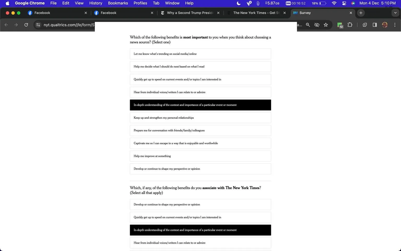 The image is a screenshot of an online survey form from Qualtrics, displayed in the Google Chrome browser. The survey is related to news consumption preferences. The top question asks participants to select the benefit most important to them when choosing a news source, offering options such as staying informed on current trends and gaining an in-depth understanding of events. One selection is highlighted: “In-depth understanding of the context and importance of a particular event or moment.”
Below, another question asks which benefits respondents associate with The New York Times, allowing for multiple selections. Highlighted choices include developing perspectives and gaining an in-depth understanding of events. The interface is simple, with a white background and black text, and the browser tabs above indicate that other pages open include Facebook and a New York Times article. The overall mood is informational and straightforward, focusing on capturing user preferences regarding news media consumption.