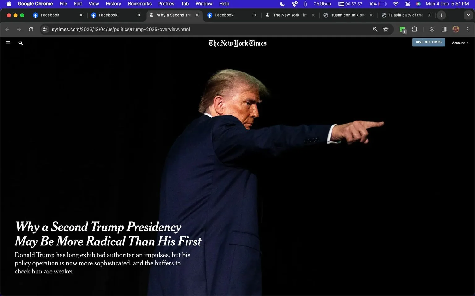 The screenshot depicts a New York Times article viewed in Google Chrome. The main image features Donald Trump, captured in profile, pointing emphatically to his right. He's wearing a dark blue suit with a white shirt visible at the cuffs, set against a stark black background, which emphasizes his presence and gesture. The title text reads, "Why a Second Trump Presidency May Be More Radical Than His First," positioned in the lower-left corner. Below the title, the additional text explains that Trump's policy operation has become more sophisticated, and the checks on his power are weaker.
The browser interface at the top shows multiple open tabs, including Facebook and other New York Times articles. The browser's toolbar displays standard icons and a bookmark bar, with a notable dark theme interface. The prominent New York Times logo appears above the headline, establishing the source of the content. The composition, with its high-contrast lighting and focused imagery, underscores the serious and impactful tone of the article's subject.