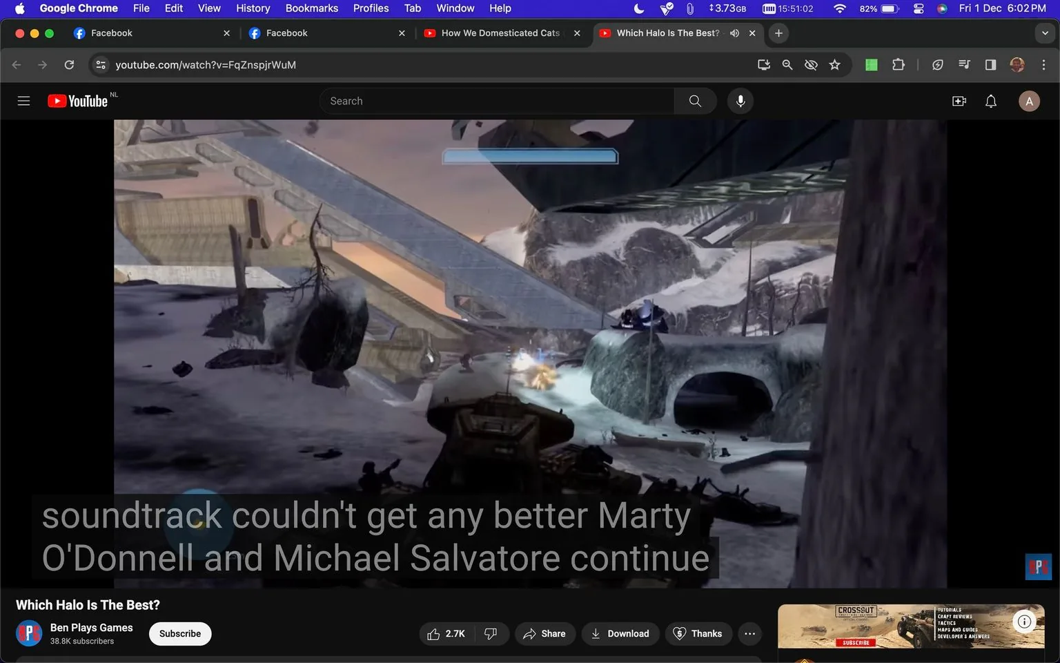 The screenshot shows a YouTube video titled "Which Halo Is The Best?" from the channel "Ben Plays Games." The video seems to explore different aspects of the Halo game series. The scene depicts an in-game moment from Halo, featuring a snowy landscape with a mix of futuristic and natural elements. A large tank and several soldiers are visible in the foreground, indicating an action-packed sequence. The lighting is soft, suggesting a late afternoon setting, with shadows cast across the snow. The environment is a mix of rocky terrain and metallic structures, typical of the Halo universe. The caption mentions Marty O'Donnell and Michael Salvatore, known for their work on the game's soundtrack. The interface displays standard YouTube elements like the search bar, subscription button, and video controls, highlighting a typical video consumption experience on the platform. The scene captures the intense and immersive atmosphere that the Halo series is known for.
- Title: "Which Halo Is The Best?"
- Channel / profile: "Ben Plays Games"
- Site / app: "YouTube"
- Captions / subtitles: "soundtrack couldn't get any better Marty O'Donnell and Michael Salvatore continue"