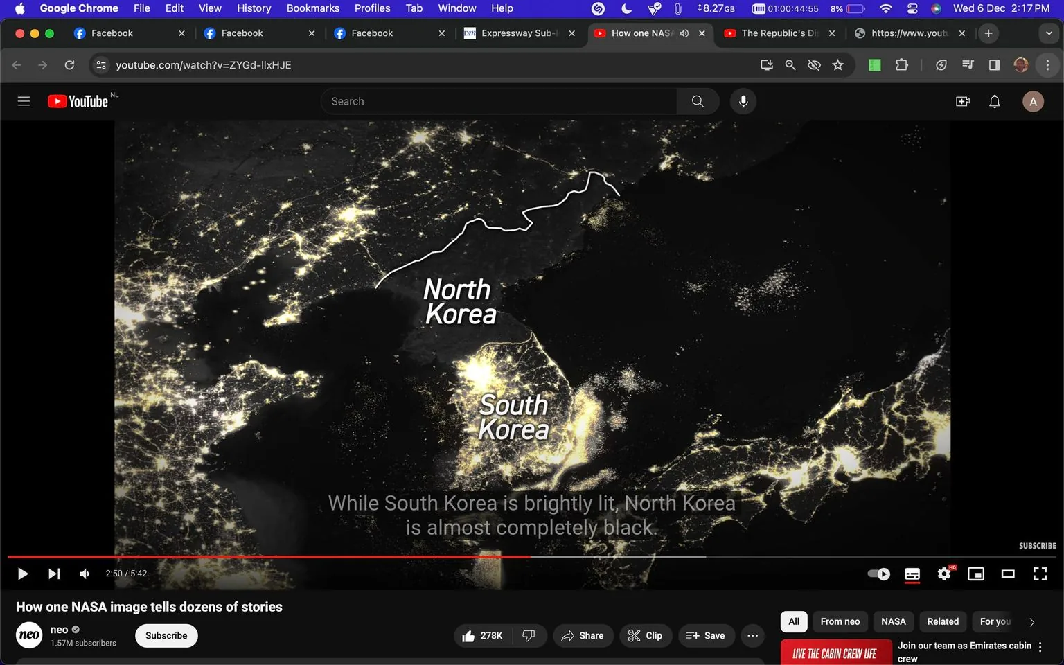 The image is a screenshot of a YouTube video titled "How one NASA image tells dozens of stories" from the channel neo. The video frame shows a satellite image of the Korean Peninsula at night, highlighting the stark contrast between the brightly lit South Korea and the almost entirely dark North Korea. The bright lights indicate urban areas and infrastructure in South Korea, while North Korea appears mostly blacked out, indicating limited electricity or lighting in comparison.
In the foreground, there are labels for "North Korea" and "South Korea" marking their respective territories. The image features a high contrast between the illuminated regions and the dark areas, emphasizing the disparity in development and energy use between the two countries. The YouTube interface is visible, with various controls and options like share, clip, and save. The video timeline shows that the current playback time is at 2:50 out of 5:42. The top browser tab indicates open pages for Facebook and Expressway Subscriptions alongside the YouTube video. The setting is clearly a digital screenshot from a computer screen, with a focus on geopolitical themes captured through NASA's satellite imagery.
- Title: "How one NASA image tells dozens of stories"
- Channel / profile: "neo"
- Site / app: "YouTube"
- Captions / subtitles: "While South Korea is brightly lit, North Korea is almost completely black."