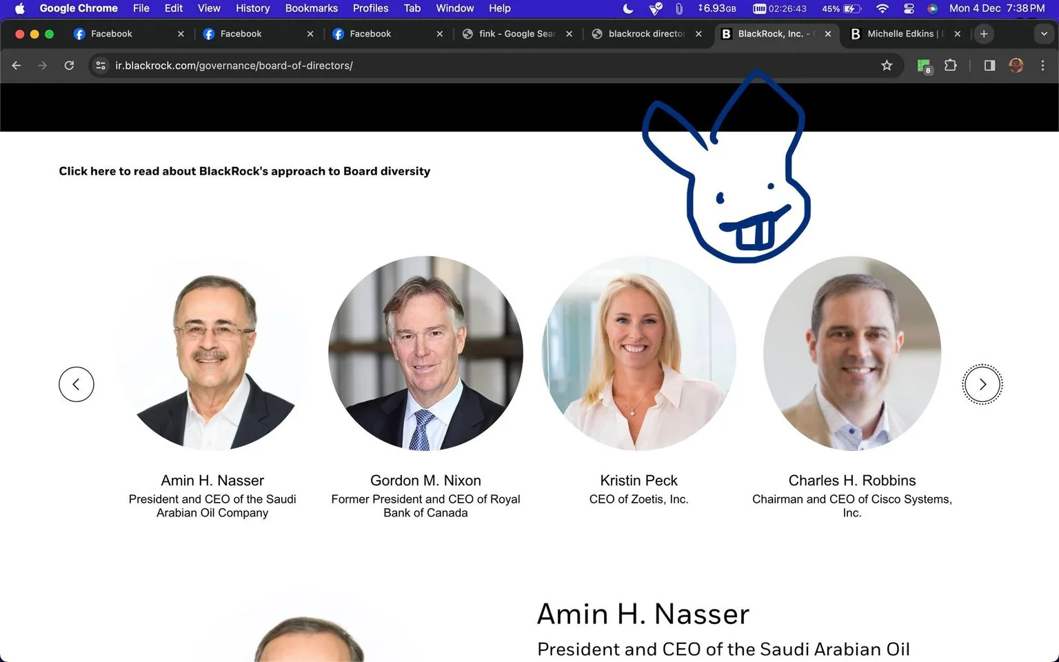 The image is a screenshot of a webpage from BlackRock's website, specifically from their board of directors section. The page lists members of the board with their photos displayed in circular frames. The text above the images invites users to learn about BlackRock's approach to board diversity. The individuals shown are Amin H. Nasser, Gordon M. Nixon, Kristin Peck, and Charles H. Robbins. Each person's name is paired with their current or former leadership positions: Amin H. Nasser is the President and CEO of the Saudi Arabian Oil Company, Gordon M. Nixon is the Former President and CEO of the Royal Bank of Canada, Kristin Peck is the CEO of Zoetis, Inc., and Charles H. Robbins is the Chairman and CEO of Cisco Systems, Inc.
The page uses a clean, professional design with white background and simple typography. There is a playful blue doodle resembling a rabbit on the right side of the screen, which adds an unexpected informal touch to the otherwise formal content of the page. The browser window at the top shows multiple open tabs, including some for Facebook and Google searches. The page is viewed through Google Chrome on a Mac, as indicated by the interface.