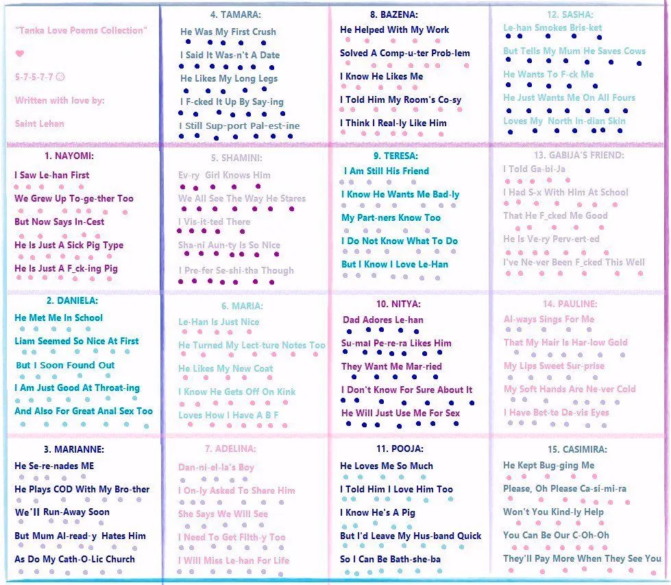 The image displays a collection titled "Tanka Love Poems Collection," written by Saint Lehan. This visually engaging image is divided into fifteen sections, each featuring a poem dedicated to a different individual. The layout is colorful, with each section outlined in pastel hues like pink, blue, and purple, creating a visually appealing and organized display. The poems are written in a tanka style, characterized by their 5-7-5-7-7 syllable structure.
Each poem is uniquely titled with a name, such as "1. NAYOMI:" and "2. DANIELA:", and contains a brief narrative or emotional expression associated with the person named. The background is white, ensuring that the text stands out clearly. The font is modern and legible, complementing the creative and personal nature of the content. There's a playful and intimate tone running throughout the poems, as they explore themes of love, relationships, and personal experiences. The overall presentation is both artistic and personal, reflecting the heartfelt nature of the poems.
- Title: "Tanka Love Poems Collection"