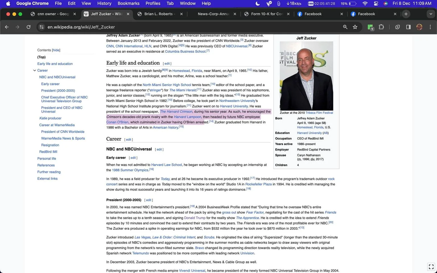 The image is a screenshot of a Wikipedia page featuring Jeff Zucker. The page contains a detailed biography of Jeff Zucker, highlighting his early life, education, and career. It includes sections such as "Early life and education" and "Career," detailing his progression through various roles at NBC and CNN. There's a sidebar on the right with a photo of Jeff Zucker at the 2010 Tribeca Film Festival, dressed in a suit with a checkered shirt, smiling for the camera. His personal details such as birth date, education, occupation, and family information are also listed in the sidebar. The page is viewed on a web browser, with tabs visible at the top for other pages and browser functions. The overall layout is typical of a Wikipedia entry, featuring a neutral background with black text on white. The screenshot captures a clear view of both the text and image elements, indicating the page is well-structured and informative.