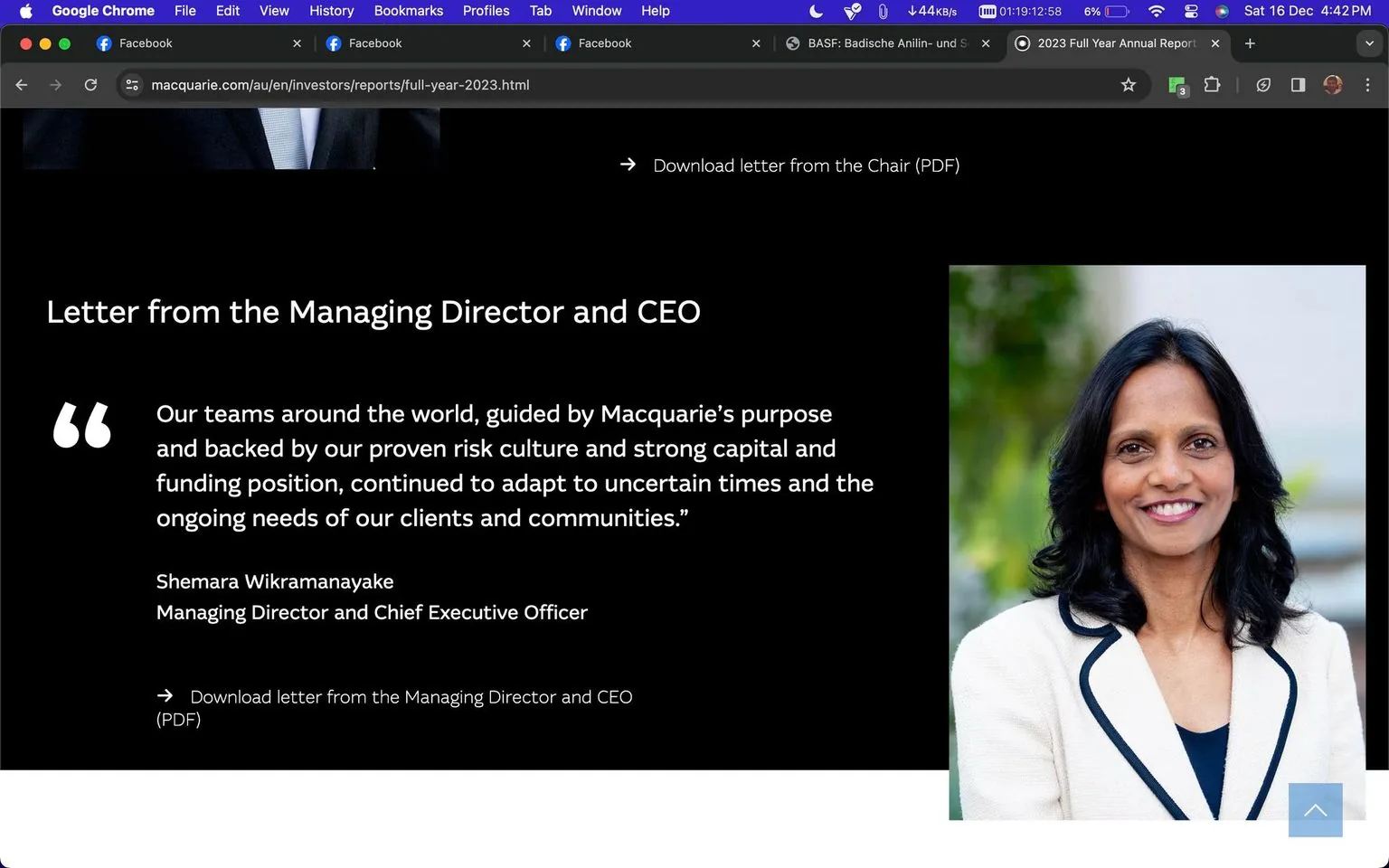 Shemara Wikramanayake is featured prominently in a professional setting. The screenshot is from the Macquarie Group's website, showcasing a letter from the Managing Director and CEO. To the right is a portrait of Shemara Wikramanayake. She has a confident and approachable expression, wearing a white blazer with black trim over a dark top. The background is softly blurred, hinting at an outdoor or garden setting with a mix of greenery. The text on the left quotes her, highlighting the company's resilience and adaptability. It emphasizes Macquarie’s risk culture and financial strength. Her name and title, "Managing Director and Chief Executive Officer," are clearly presented, reinforcing her leadership role. The layout is clean and professional, aligning with corporate branding. A link is provided to download the full letter as a PDF, indicating transparency and communication with stakeholders.