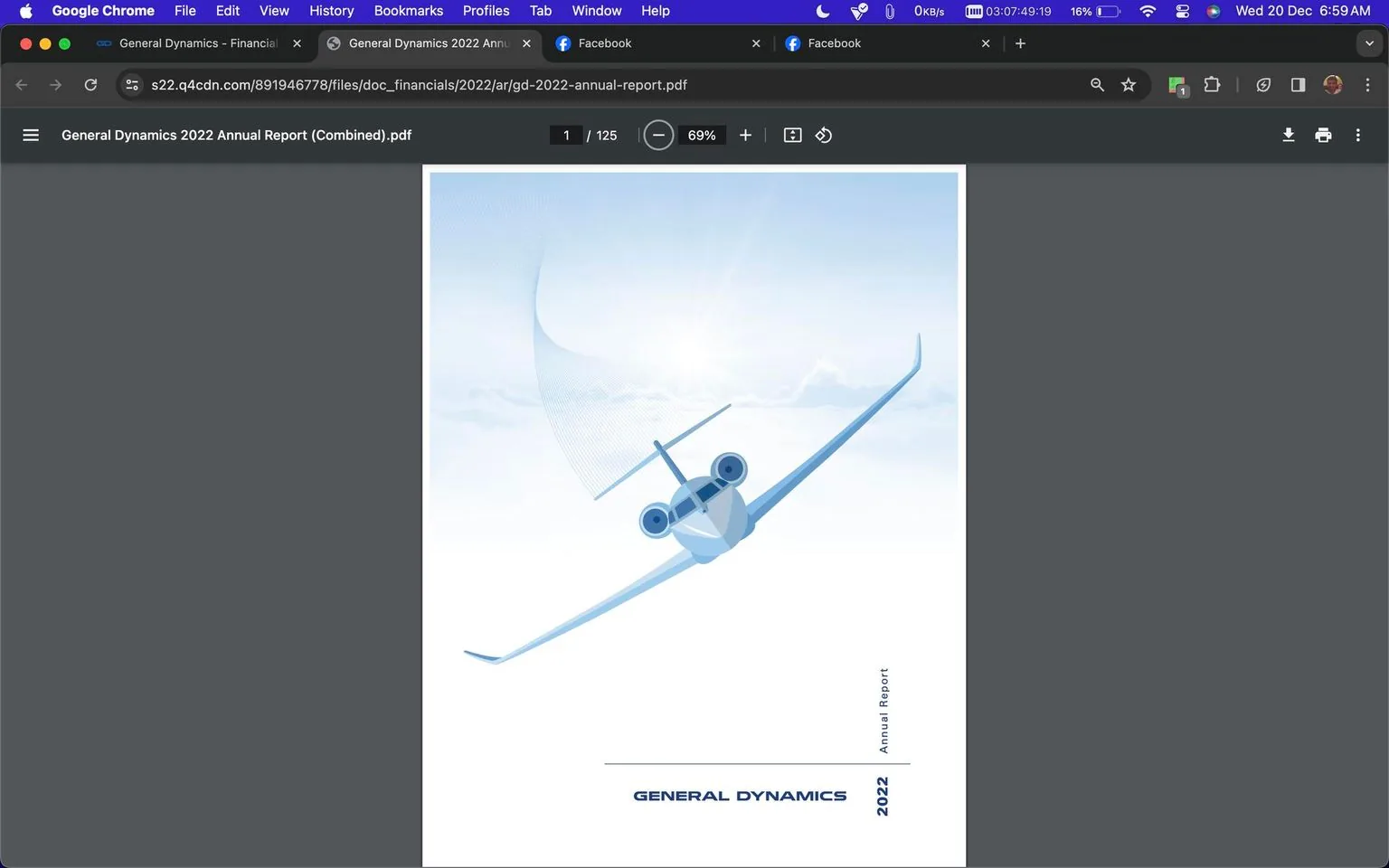 The image is a screenshot of a PDF document opened in Google Chrome. It displays the cover page of the "General Dynamics 2022 Annual Report." The cover features a stylized illustration of an airplane soaring upwards against a sky backdrop, giving a sense of motion and innovation. The airplane is depicted in light blue tones, which contrasts against the soft white and blue gradient of the sky.
The document header in the browser indicates it is a PDF file named "General Dynamics 2022 Annual Report (Combined).pdf." The branding "GENERAL DYNAMICS" is prominently featured at the bottom of the page in bold, dark blue text, alongside the year "2022" and the words "Annual Report" aligned vertically. The overall design is clean and modern, with a focus on the aerospace aspect of the company's operations. The browser interface shows typical navigation and tool options, such as zoom controls and a download button, indicating that this is a digital viewing of the report.