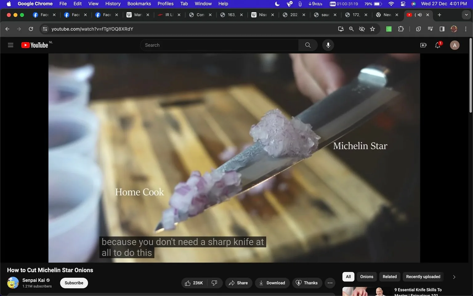 The image is a screenshot from a YouTube video titled "How to Cut Michelin Star Onions" by the channel Senpai Kai. The video visually compares the onion-cutting techniques of a home cook and a Michelin star chef. In the foreground, there is a close-up of a knife blade with finely chopped onions. The text “Home Cook” and “Michelin Star” is placed next to different sections of the knife, indicating a comparison in skill or technique. The background is blurred, but a wooden cutting board is visible, suggesting a kitchen setting. Subtitles at the bottom read, "because you don't need a sharp knife at all to do this," emphasizing the ease of the demonstrated technique. The image captures a focused, instructional moment in the culinary video, highlighting the difference in precision and efficiency in culinary skills.