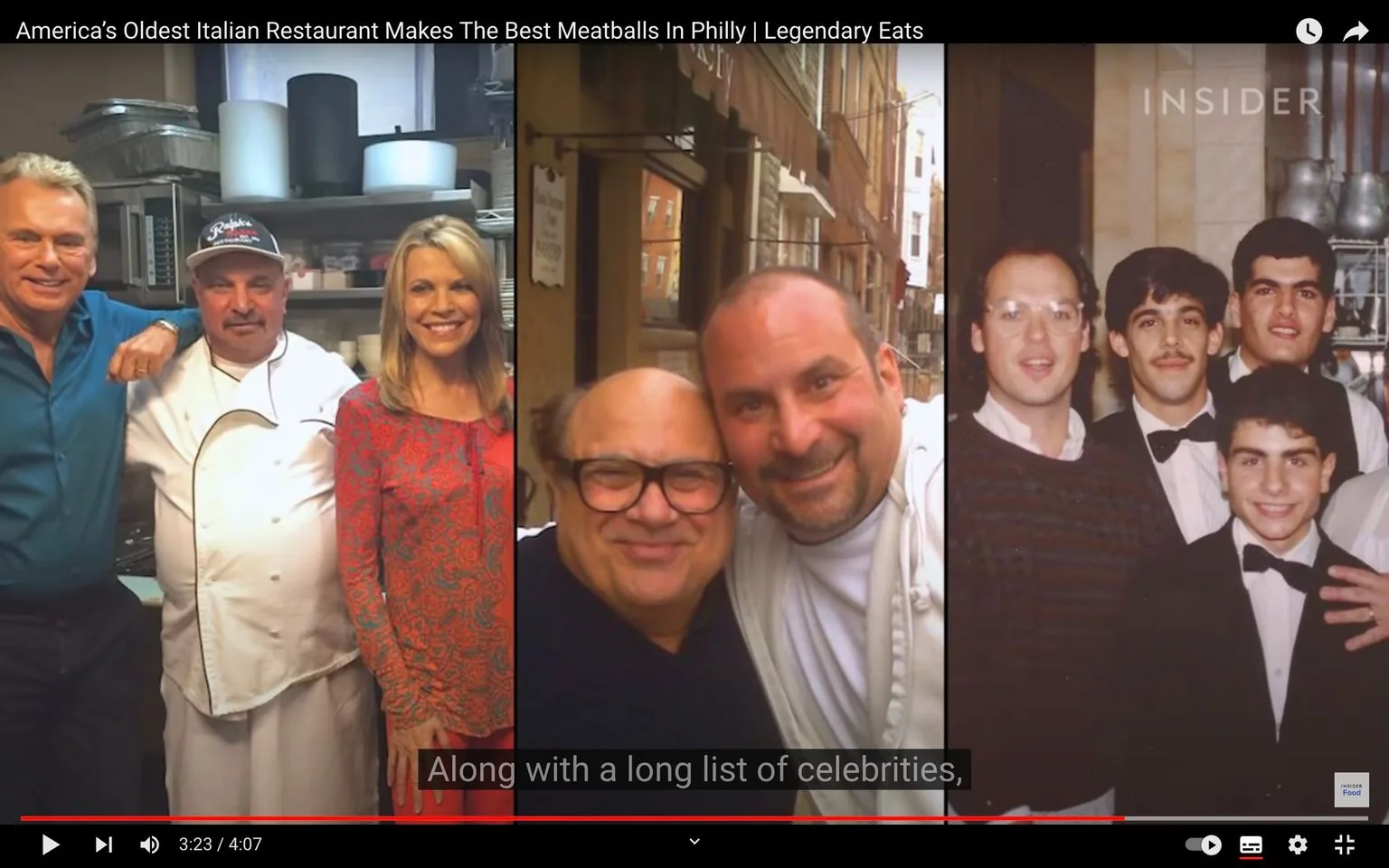 The image is a composite of three separate photos, showcasing various individuals at a restaurant. The first photo on the left features a group posing in what appears to be a kitchen. There are four people; one is wearing a chef's uniform with a "Ralph's" cap, suggesting this might be the chef, accompanied by two other casually dressed individuals. The second photo in the center captures a moment outside, with two people smiling warmly in front of a restaurant. One of them is Danny DeVito, recognized from the hint, wearing glasses and a dark shirt, standing next to a man in a white outfit. The third photo on the right shows a group of five people, dressed formally in suits and ties, perhaps at a different event or time.
The video frame is from a segment titled "America’s Oldest Italian Restaurant Makes The Best Meatballs In Philly | Legendary Eats" on the INSIDER channel on YouTube. The subtitle displayed reads, "Along with a long list of celebrities," indicating the restaurant’s popularity and its celebrity clientele. The setting is likely within a historical or renowned Italian restaurant in Philadelphia, adding context to the celebrity appearances.