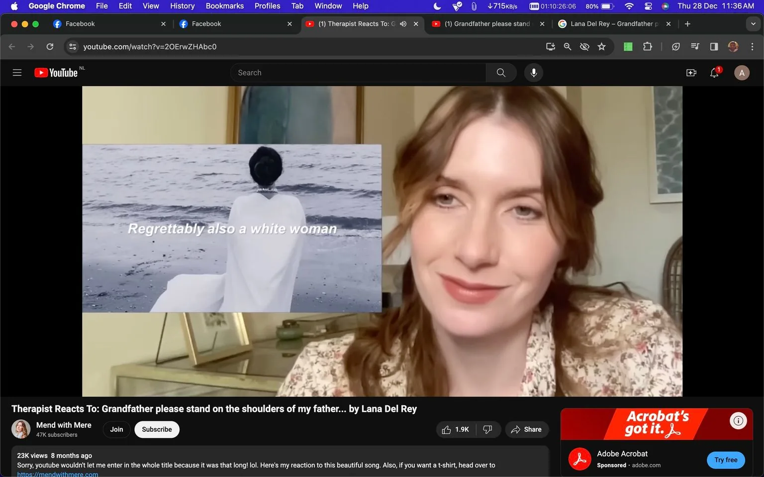 This image is a screenshot from a YouTube video titled "Therapist Reacts To: Grandfather please stand on the shoulders of my father... by Lana Del Rey" on the "Mend with Mere" channel. The video appears to be a reaction or commentary on the song by Lana Del Rey. In the video frame, a woman with light brown hair is visible, sitting indoors. She has a serene and thoughtful expression, suggesting engagement with the content she's reviewing. The setting is casual and personal, with soft lighting that gives a warm ambiance, and a blurred background showing a framed picture.
The left side of the screen shows a smaller inserted video clip of a person wrapped in a white cloth, sitting by a body of water, viewed from behind. Overlaid text reads, "Regrettably also a white woman," possibly referencing a line from the song being discussed. The video is likely focusing on themes related to the song's message, with the therapist offering insights or interpretations.
- Title: "Therapist Reacts To: Grandfather please stand on the shoulders of my father... by Lana Del Rey"
- Channel / profile: "Mend with Mere"
- Site / app: "YouTube"
- Captions / subtitles: "Regrettably also a white woman"