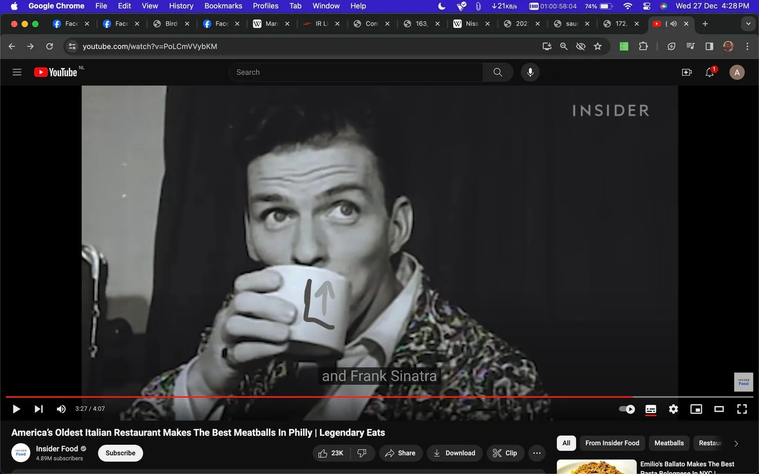 This black and white screenshot features a vintage image of Frank Sinatra, who is sipping from a cup marked with what appears to be a handwritten "L." The image has a classic and nostalgic feel, often associated with the mid-20th century. Frank Sinatra is wearing a patterned jacket and a white shirt, and he gazes upward as he drinks, lending the scene a contemplative or thoughtful mood. The background is dark, drawing focus to Sinatra and the cup he holds. The text overlay includes a subtitle reading “and Frank Sinatra,” indicating the context or subject of mention. Additionally, the word "INSIDER" is visible, a nod to the publisher of the video. This screenshot is part of a YouTube video titled "America’s Oldest Italian Restaurant Makes The Best Meatballs In Philly | Legendary Eats," hosted by the channel Insider Food.
- Title: "America’s Oldest Italian Restaurant Makes The Best Meatballs In Philly | Legendary Eats"
- Channel / profile: "Insider Food"
- Site / app: "YouTube"
- Captions / subtitles: "and Frank Sinatra"