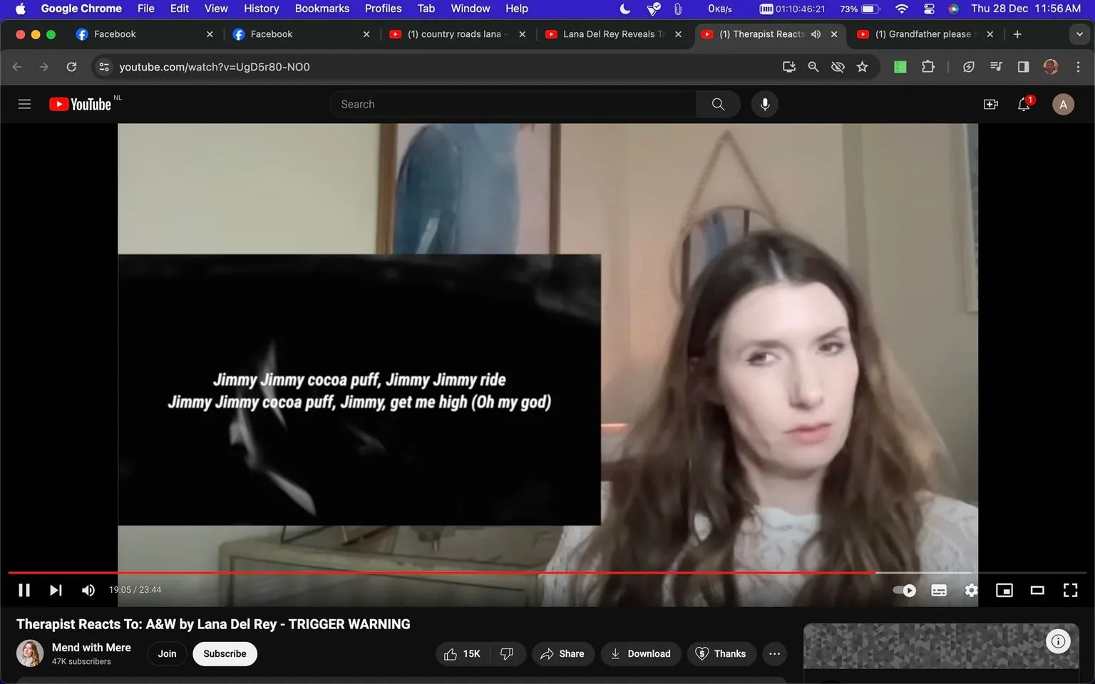 The image is a screenshot from a YouTube video titled "Therapist Reacts To: A&W by Lana Del Rey - TRIGGER WARNING" on the channel "Mend with Mere." The video features a therapist reacting to the song "A&W" by Lana Del Rey. The scene is set indoors, with a woman positioned slightly to the right of the frame, likely the host or therapist. She has long brown hair and is wearing a light-colored lace top. Her expression appears contemplative or thoughtful as she listens or analyzes the content.
The left side of the screen displays lyrics from the song, "Jimmy Jimmy cocoa puff, Jimmy Jimmy ride / Jimmy Jimmy cocoa puff, Jimmy, get me high (Oh my god)," over a dark background. The video duration is shown at the bottom, indicating it is 19 minutes and 5 seconds into a total duration of 23 minutes and 44 seconds. The YouTube interface is visible, with options to like, share, download, and subscribe.
- Title: "Therapist Reacts To: A&W by Lana Del Rey - TRIGGER WARNING"
- Channel / profile: "Mend with Mere"
- Site / app: "YouTube"
- Captions / subtitles: "Jimmy Jimmy cocoa puff, Jimmy Jimmy ride / Jimmy Jimmy cocoa puff, Jimmy, get me high (Oh my god)"