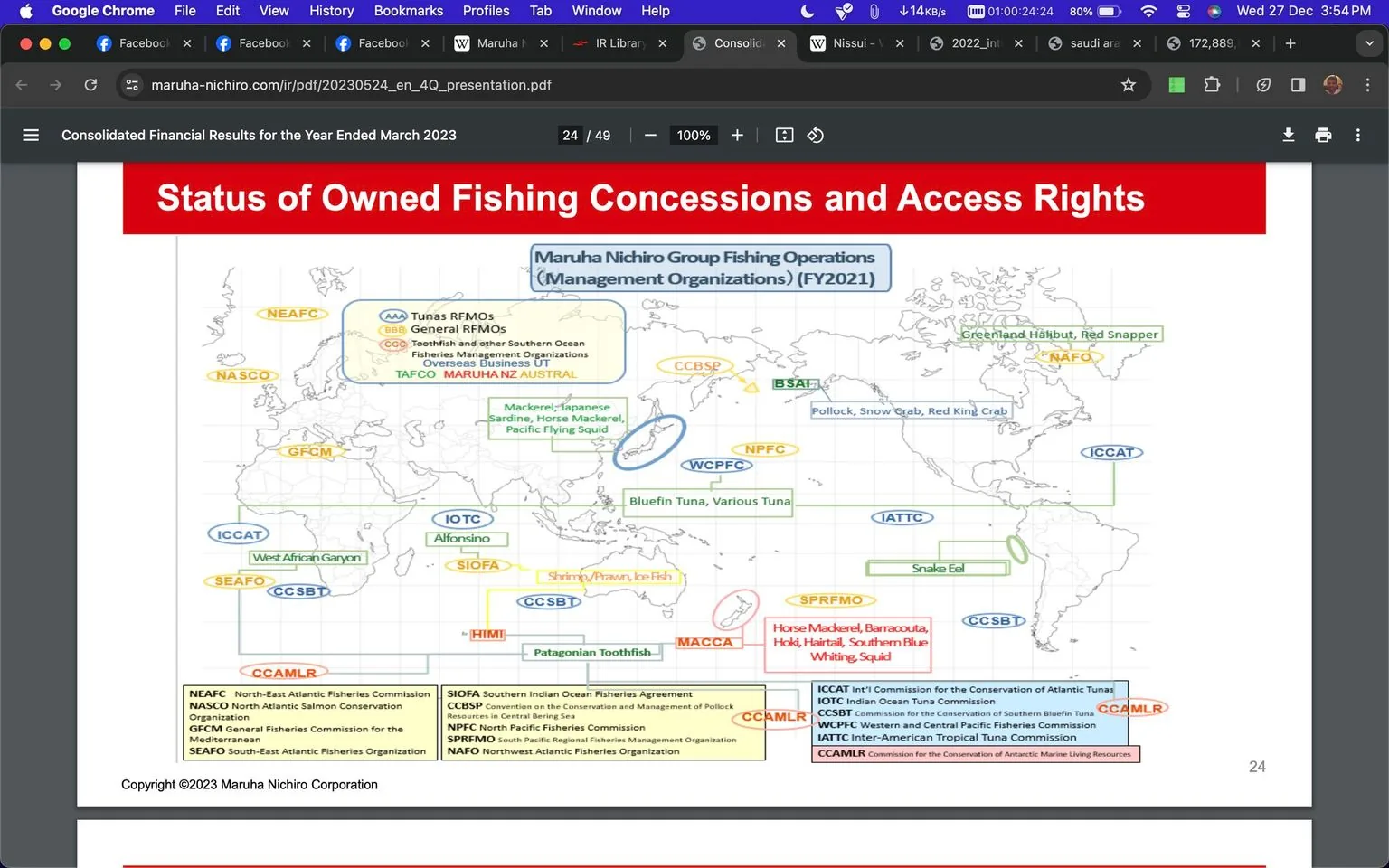 The image is a screenshot of a Google Chrome window displaying a PDF document titled "Consolidated Financial Results for the Year Ended March 2023." It focuses on the "Status of Owned Fishing Concessions and Access Rights" by Maruha Nichiro Corporation. The central element is a world map highlighting various Regional Fisheries Management Organizations and fishing zones. Different regions are marked with colorful labels and acronyms, such as NEAFC, NASCO, ICCAT, and CCAMLR, indicating areas of fishing operations. Specific fish types like Greenland Halibut, Red Snapper, and Bluefin Tuna are listed next to their respective fishing regions.
The map is visually packed, with text boxes and colored lines connecting regions to fishing organization names and fish types. The design uses bold colors like red, blue, and green for emphasis. The map is part of a comprehensive financial report by Maruha Nichiro Corporation, detailing their global fishing operations. The screenshot includes browser tabs and a visible URL linking to the PDF document. The document appears to be part of a detailed business presentation, likely aimed at stakeholders or investors interested in the company's fishing rights and concessions.
- Title: "Consolidated Financial Results for the Year Ended March 2023"
- Site / app: "Google Chrome"
