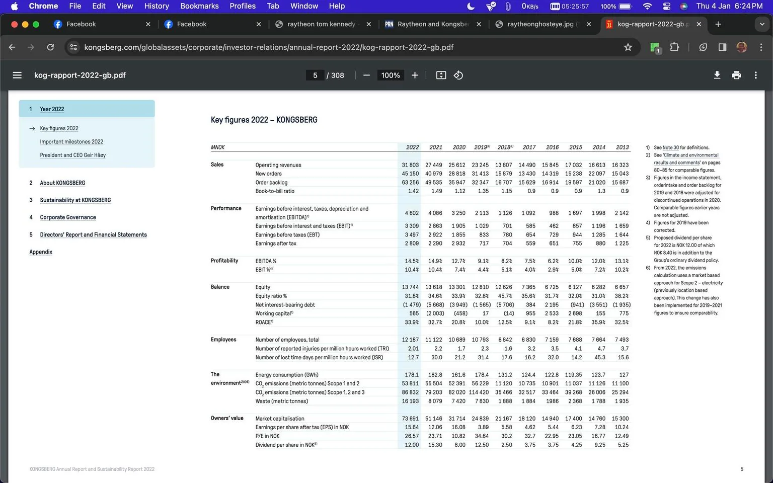 The image is a screenshot of a PDF document viewed in Chrome, displaying the "Key figures 2022 – KONGSBERG" table from an annual report. The document is part of KONGSBERG's corporate investor relations materials. The table contains various financial and operational metrics for the years 2014 to 2022, including sales, performance, profitability, balance, employees, environmental impact, and owners' value.
The left sidebar lists sections like "About KONGSBERG" and "Sustainability at KONGSBERG." The main table includes columns for each year, with data such as operating revenues, earnings after tax, and market capitalisation. There are numbered notes for specific metrics, providing additional context. The document has a professional and structured layout, typical of corporate financial reports, with a clear emphasis on numerical data and performance indicators. The browser tabs and toolbars are visible at the top, indicating it's being viewed on a computer.