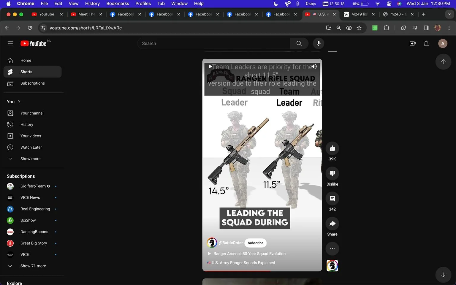 The image is a screenshot of a YouTube Shorts video on the platform's interface. The screen is divided into two main sections: on the left is the YouTube navigation menu with options like Home, Shorts, and Subscriptions, and on the right is the video content. The video is from the channel "@BattleOrder" and discusses military tactics, specifically focusing on the "RANGER RIFLE SQUAD." The video features silhouettes of soldiers labeled as "Leader," each holding a rifle. The rifles have measurements indicated as "14.5”" and "11.5”." The text "LEADING THE SQUAD DURING" is prominently displayed at the bottom. The layout of the page shows engagement buttons such as like, dislike, and share, with counts next to them indicating user interaction. The overall tone is educational, likely explaining the roles and equipment of squad leaders. The color scheme includes military greens and browns, consistent with the theme.
- Channel / profile: "@BattleOrder"
- Site / app: "YouTube"