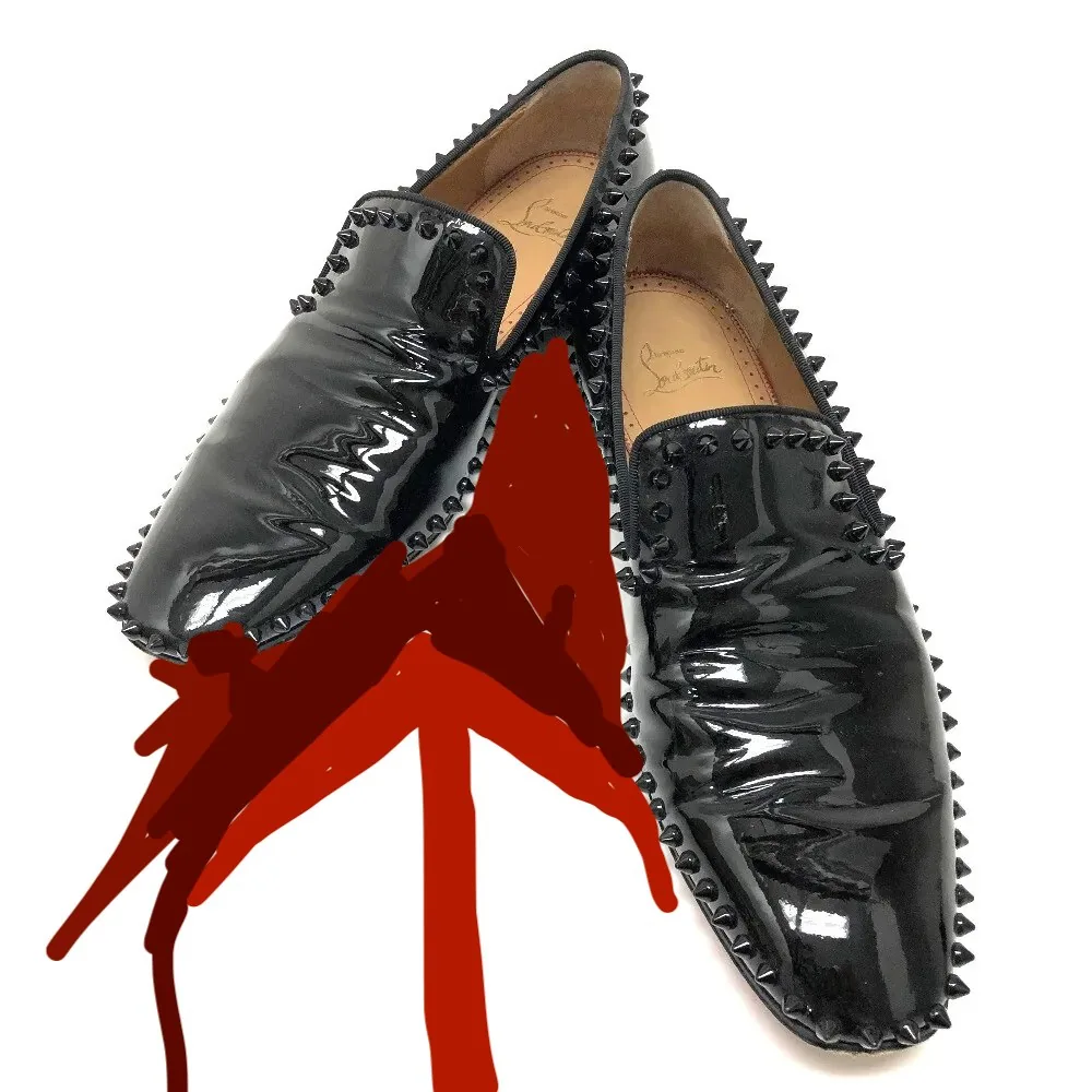 These are sleek, black patent leather loafers featuring spikes along the edges, giving them an edgy and bold look. The shoes are highly polished, reflecting light off their glossy surface. Inside, the brand name is subtly visible, hinting at a designer label. The image is likely a promotional or catalog shot meant to highlight the shoes' unique design elements. The soles are partially obscured, but the shoes are positioned to display the texture and shine prominently. A red arrow graphic is overlaid on the image, likely used to direct attention or for stylistic purposes. The overall mood is fashionable and daring, suggesting a sense of luxury and modern style.
- Title: "These Boots Are Made for Walkin'"