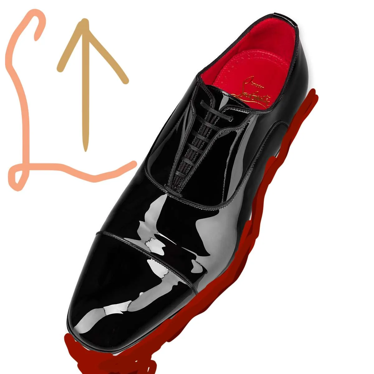 The image features a sleek, black patent leather shoe with a high-gloss finish. The shoe is designed in a classic style with a cap toe and lace-up closure. Inside the shoe, there is a red lining which adds a striking contrast to the black exterior. A logo is visible on the insole, suggesting a luxury brand. Surrounding the shoe is a hand-drawn arrow pointing upwards, colored in a light brown hue. This artistic addition adds an informal and playful element to the composition. The shoe is positioned on a plain white background, emphasizing its stylish design. Nearby text references the song "These Boots Are Made for Walkin'," linking the image to themes of fashion and footwear in popular culture.