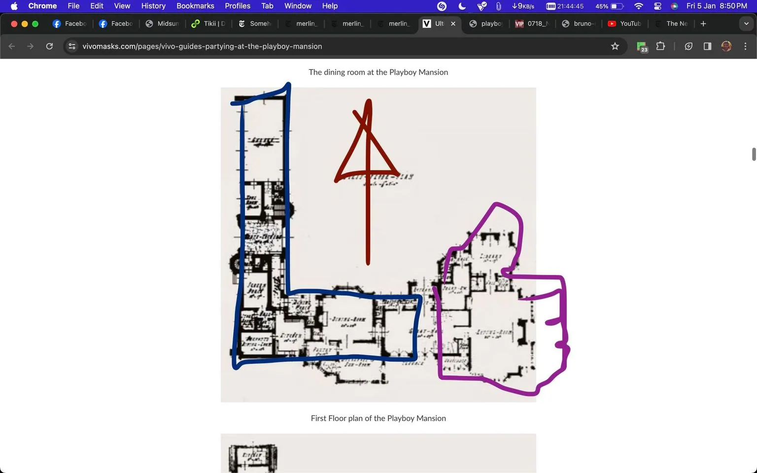The image is a screenshot from the website vivomasks.com, depicting a floor plan of the Playboy Mansion. The floor plan is labeled as "First Floor plan at the Playboy Mansion" and shows a detailed layout of the mansion's first floor. There are hand-drawn annotations over the plan: a blue outline tracing an L-shape on the left side, a purple outline resembling a thumbs-up shape on the right side, and a red symbol in the center resembling an upward arrow. The text "The dining room at the Playboy Mansion" is visible, suggesting a focus on the dining area within the layout. The background is a neutral beige, and the text is in black. The overall composition is clear, with the plan serving as the central feature of the image.