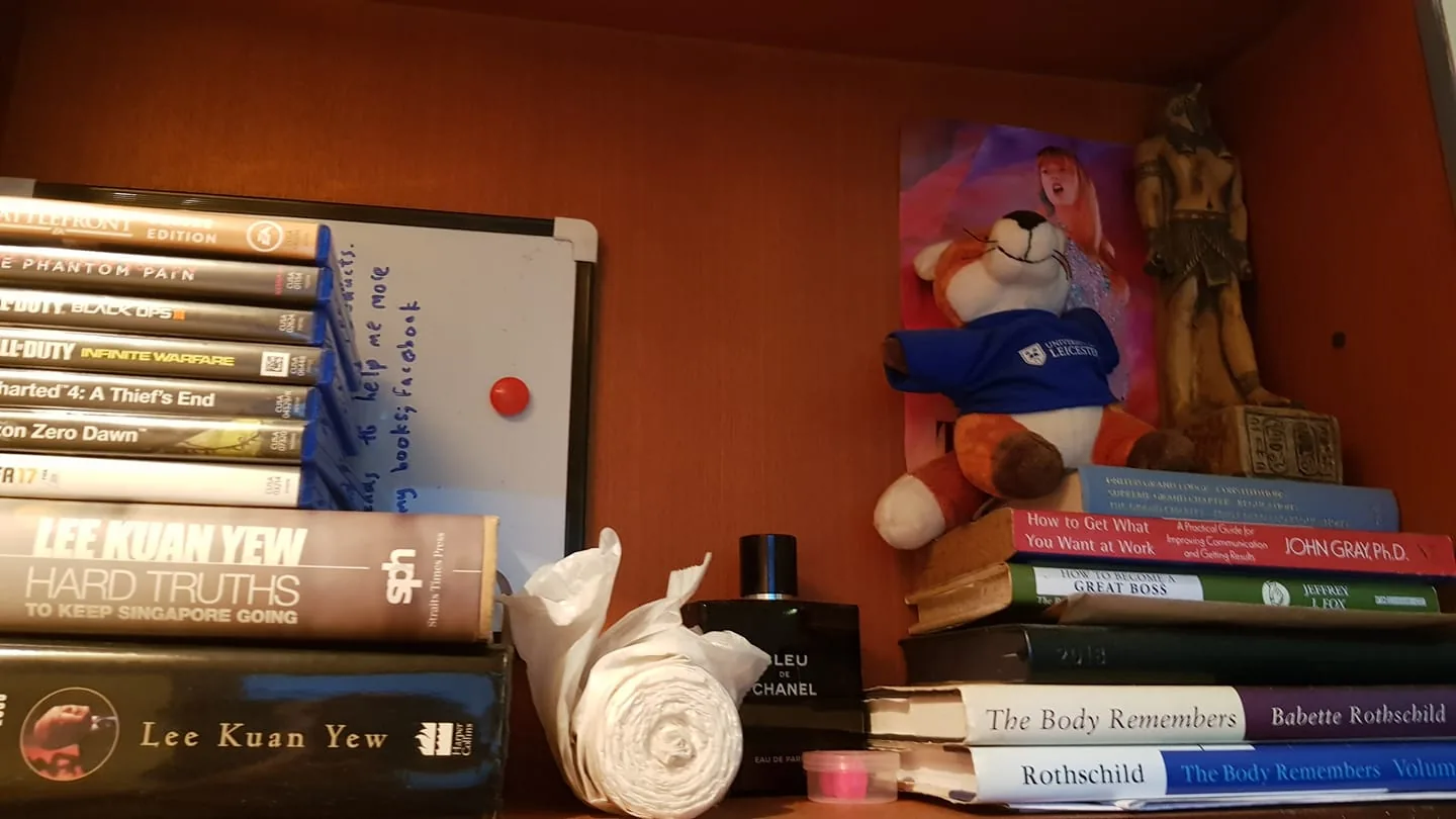 The image depicts a neatly arranged shelf containing a mix of books, video games, and decorative items. On the left, a stack of video game cases is visible, including titles like "Star Wars Battlefront," "Metal Gear Solid V: The Phantom Pain," "Call of Duty: Black Ops 3," "Call of Duty: Infinite Warfare," "Uncharted 4: A Thief's End," "Horizon Zero Dawn," and "FIFA 17." These are stacked horizontally, showcasing their spines.
Adjacent to the games, there is a whiteboard with some handwritten text partially visible. Below the games, two prominent books about Lee Kuan Yew are stacked. Slightly to the right, more books are present, such as "How to Get What You Want at Work" by John Gray and "The Body Remembers" by Babette Rothschild.
A plush toy wearing a "University of Leicester" shirt is positioned near the center, adding a playful touch. To the right, there is a statue resembling an Egyptian figure. In front of the books and decorative items, a bottle of Bleu de Chanel perfume and a rolled-up piece of paper are placed, along with a small pink container. The background includes a colorful photograph, partially obscured by the plush toy and statue, adding a personal or decorative element to the scene.