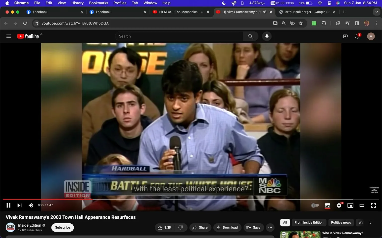 The video frame shows Vivek Ramaswarmy speaking into a microphone during a town hall event, depicted on MSNBC's "Hardball." Vivek is dressed in a blue shirt and appears to be addressing an audience seated closely around him. The setting is an indoor venue, with several people visible in the background, attentively listening to the discussion. The atmosphere suggests a formal or semi-formal political event, likely focused on political discourse and debate.
The bottom of the screen features text overlays with the show's branding, "BATTLE FOR THE WHITE HOUSE," and the MSNBC logo, indicating the event's theme and the broadcaster. Captions on the screen read, "with the least political experience?" implying a discussion or question about political experience, possibly directed at or involving Vivek. The lighting is standard for indoor television studio settings, bright enough to clearly see the participants and audience members.
- Title: "Vivek Ramaswamy's 2003 Town Hall Appearance Resurfaces"
- Channel / profile: "Inside Edition"
- Site / app: "YouTube"
- Captions / subtitles: "with the least political experience?"