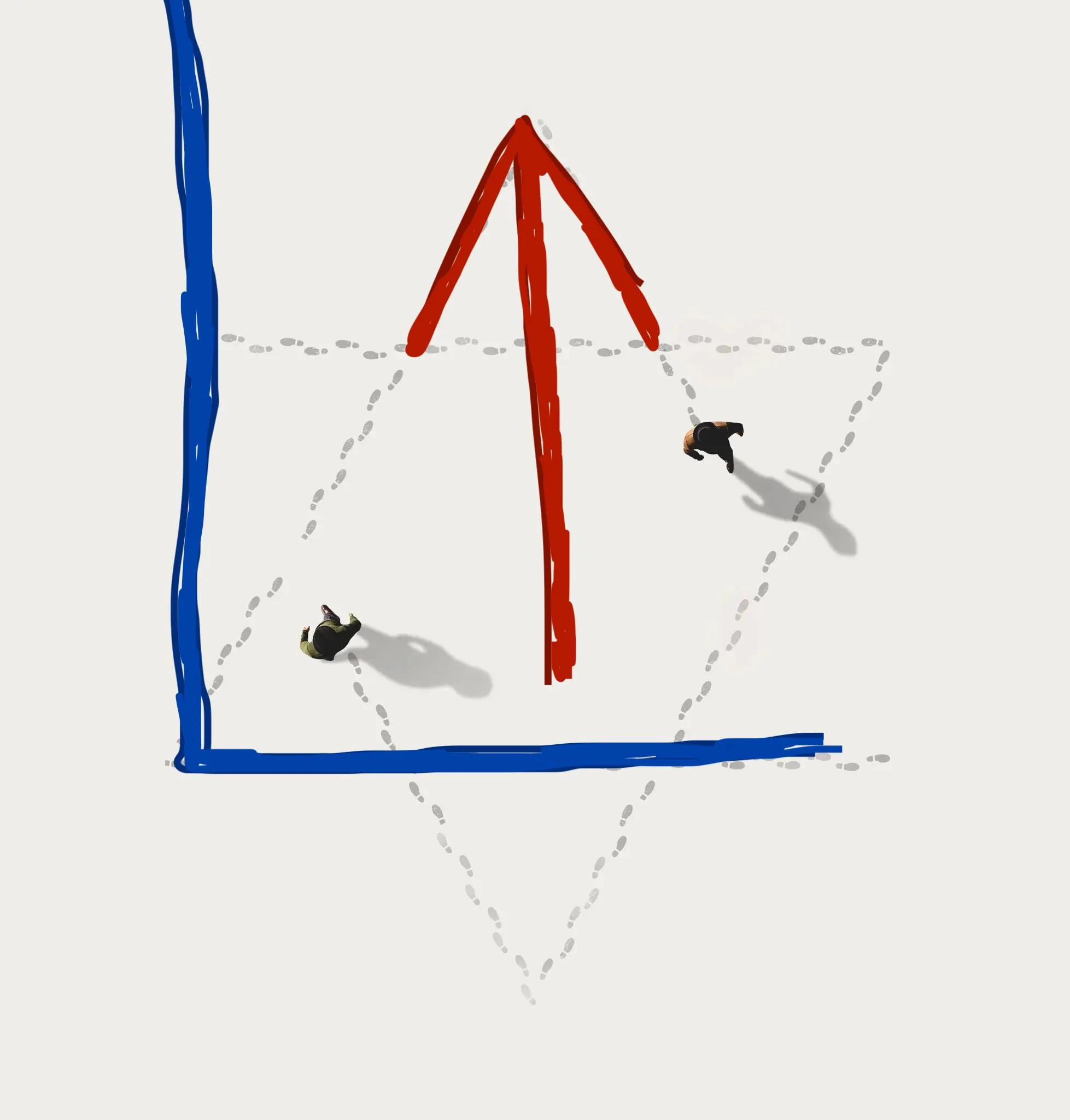 The illustration presents an overhead view of two individuals walking on a large, white, flat surface. Their movements are suggested by dotted lines that trace triangular paths converging towards the center. Two thick, bold lines are drawn: a blue line extends horizontally on the left and bottom edges, and a red arrow points upwards from the center of the blue lines. The minimalistic design, combining the human figures with geometric lines, creates a dynamic sense of movement and direction. The shadows cast by the figures suggest a light source from above, adding dimension to the otherwise flat scene. The purposeful arrangement of lines and paths could symbolize directionality, decision-making, or strategic planning, inviting viewers to interpret the connections and pathways. The clean, uncluttered composition emphasizes the contrast between the vivid colors and the starkness of the white background.