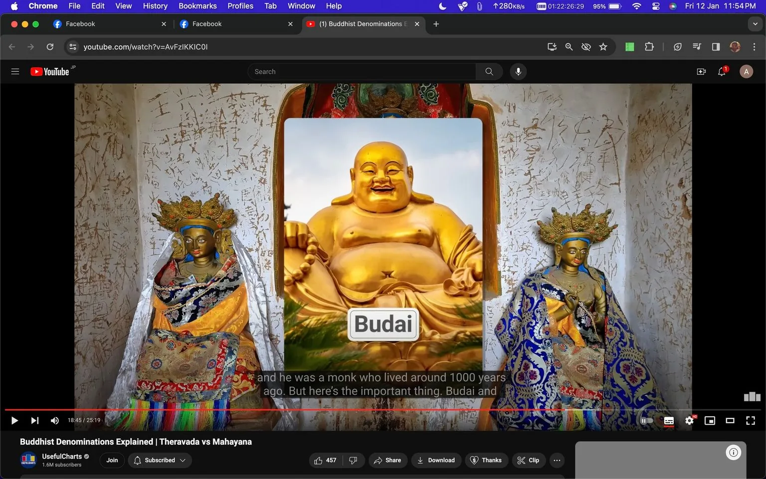 The image is a YouTube screenshot from the video titled "Buddhist Denominations Explained | Theravada vs Mahayana" by the channel UsefulCharts. It features an indoor scene with two intricately decorated statues flanking a central image of a golden statue labeled "Budai." The statues on either side are adorned with colorful, ornate garments, with vivid blues, reds, and golds. The backdrop is a textured wall covered in what appears to be script or carvings, enhancing the religious and cultural ambiance.
The central image of Budai, a golden figure known for his joyful smile and plump form, is set against a serene sky, symbolizing contentment and abundance. The text on the screen describes Budai as a monk who lived about 1000 years ago, and the video seems to be exploring the differences between major Buddhist schools, Theravada and Mahayana.
- Title: "Buddhist Denominations Explained | Theravada vs Mahayana"
- Channel / profile: "UsefulCharts"
- Site / app: "YouTube"
- Captions / subtitles: "and he was a monk who lived around 1000 years ago. But here's the important thing. Budai and"
