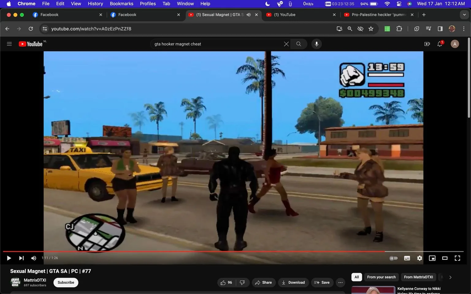 This image is a screenshot from a YouTube video titled "Sexual Magnet | GTA SA | PC | #77" on the channel "MattrixDTXI." It captures a scene from the video game "GTA SA" (Grand Theft Auto: San Andreas). The setting is outdoors, in a sunny and urban environment with palm trees visible in the background. The central figure in the scene is a character dressed in black, standing on the street among other characters. A yellow taxi and other vehicles are present, enhancing the urban atmosphere.
The game's interface displays a mini-map in the bottom left corner, showing the character's location. On the top right, status bars and the time "13:59" are visible, with the character, identified by "CJ," having a significant amount of in-game money totaling "$00499348." The text and imagery in this screenshot reflect the open-world nature and interactive elements typical of the "GTA SA" game.