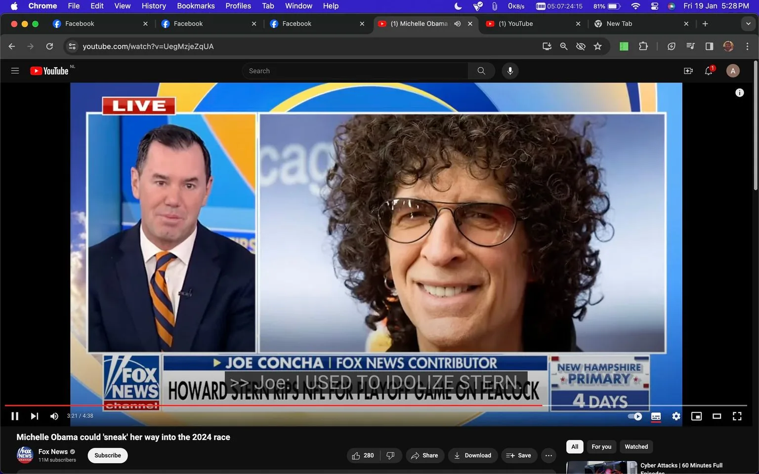 The image is a screenshot from a YouTube video showing a Fox News broadcast. The screen is split into two sections. On the left is a live news broadcast featuring a man identified as Joe Concha, a Fox News contributor. He is wearing a dark suit with a white shirt and a striped orange and black tie. The backdrop is a typical news studio setup with blue and yellow colors.
On the right side of the screen is an image of Howard Stern, known for his distinctive curly hair and glasses, smiling. The background of his image is slightly blurred, focusing the viewer's attention on his face. The text overlay on the broadcast includes the headline, "Howard Stern Rips NFL for Playoff Game on Peacock," and a note from Joe Concha stating, "I Used to Idolize Stern." The broadcast is discussing a topic related to Howard Stern's commentary on the NFL and a potential political angle involving Michelle Obama. The overall tone is professional, with a focus on media and political commentary. The YouTube video is titled "Michelle Obama could 'sneak' her way into the 2024 race" and is hosted on the Fox News channel.