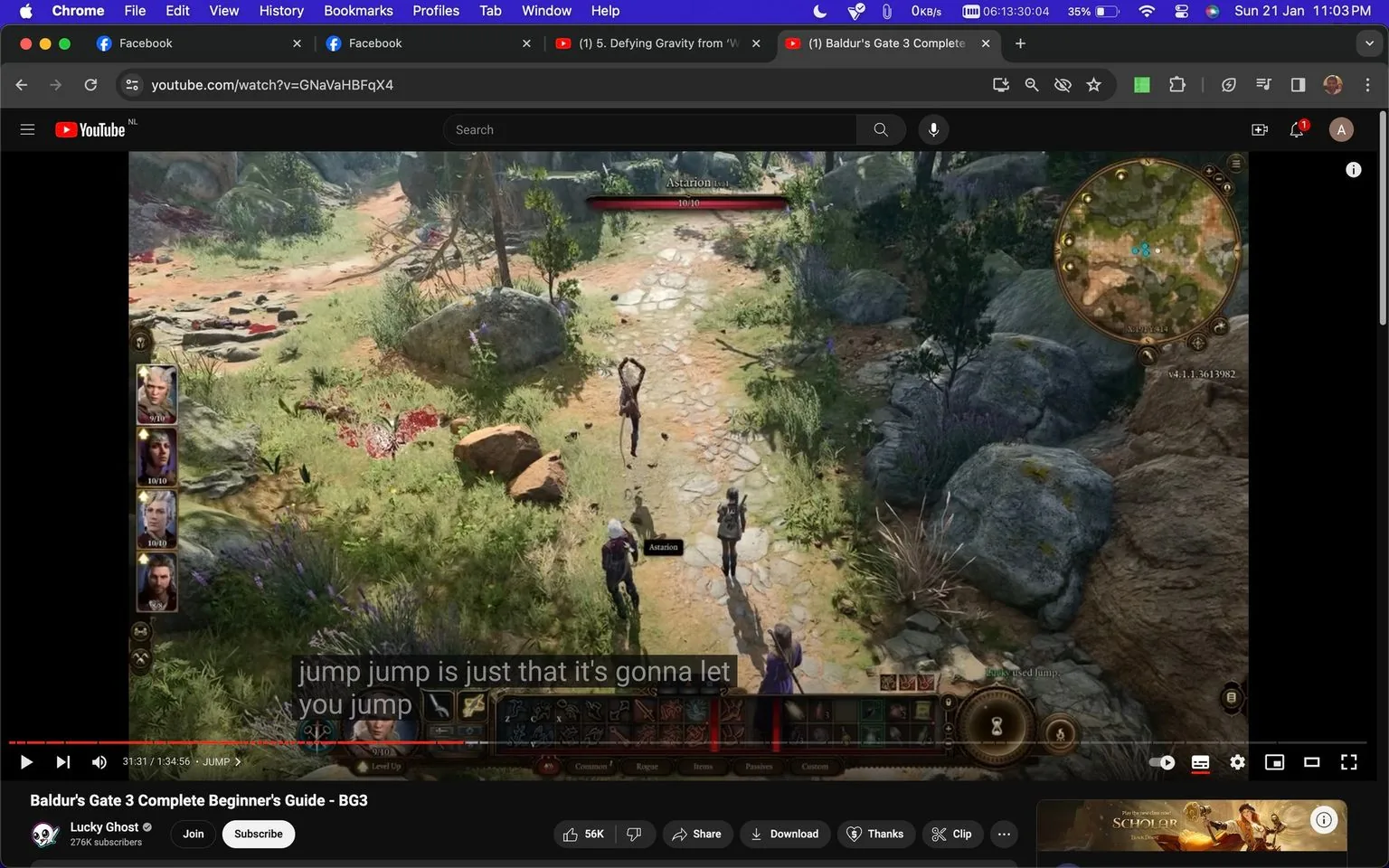 The screenshot displays a YouTube video titled "Baldur's Gate 3 Complete Beginner's Guide - BG3" on the channel "Lucky Ghost." The video focuses on gameplay from the game "Baldur's Gate 3." The scene shows a group of characters in a lush, outdoor fantasy setting, a common environment within RPG games. Paths are lined with grass and rocks, and the group is navigating this terrain.
The user interface elements are visible, including character portraits on the left and an overlay map on the right. The character "Astarion" is selected, highlighted by a marker. In the lower portion of the screen, an action bar displays various commands, indicating the game's role-playing mechanics. The caption "jump jump is just that it's gonna let you jump" suggests the video is explaining movement mechanics.
The scene's lighting is bright, suggesting daytime, and the composition focuses on an RPG exploration experience. The video aims to guide beginners through the game, as expressed in the title.