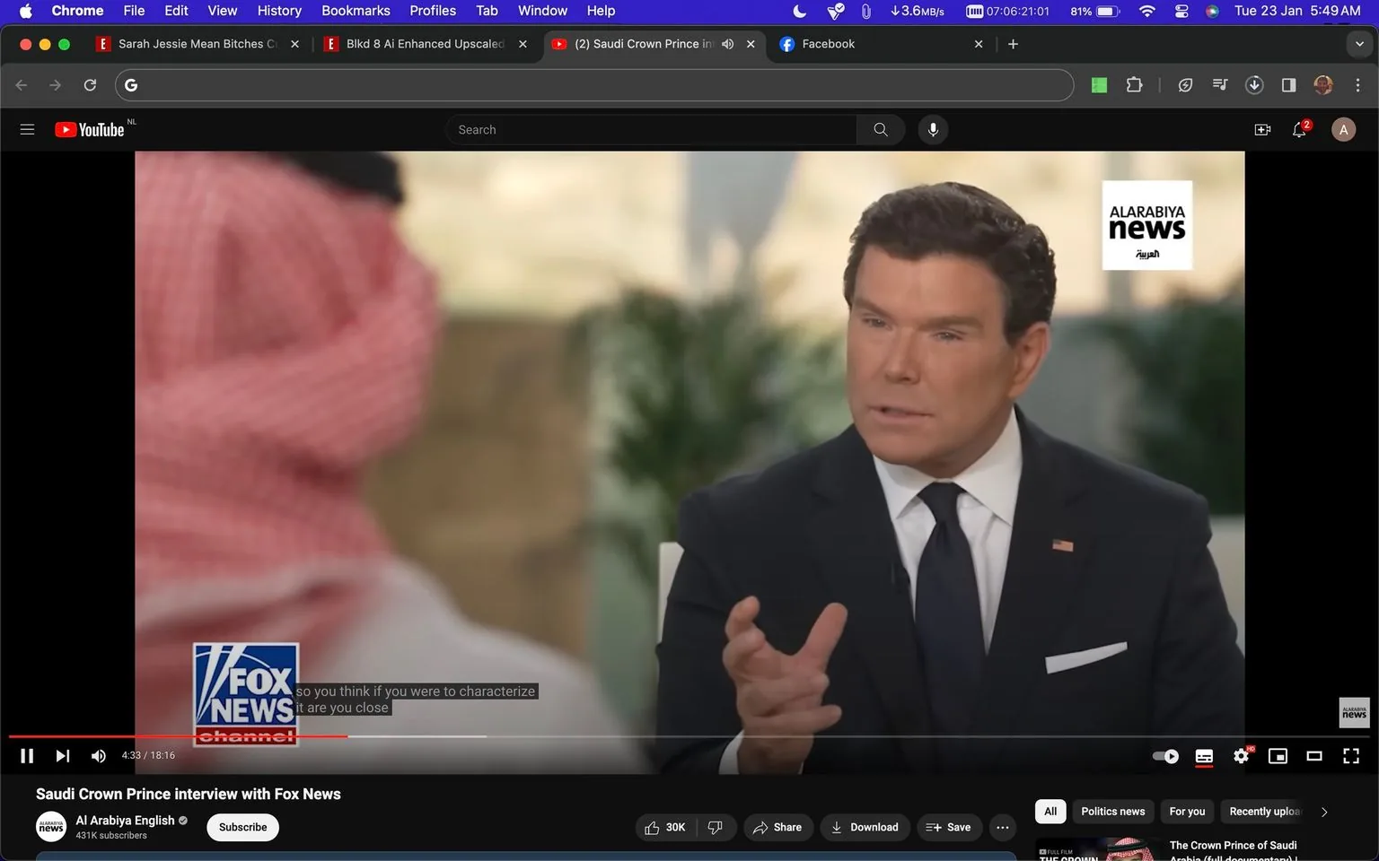 Bret Baier is shown conducting an interview in a formal indoor setting, likely a studio. He is wearing a dark suit with a white shirt and a dark tie, complemented by a small American flag pin on his lapel. The interviewer appears focused and engaged, using hand gestures to emphasize his points. The person being interviewed is not clearly visible, but part of the attire suggests traditional Middle Eastern clothing, such as a red and white checkered keffiyeh. Fox News branding is prominently displayed in the bottom corner, indicating the network for which the interview is being conducted. The video is hosted on YouTube, and the channel "Al Arabiya English" is visible. The lighting is soft and professional, creating a serious yet approachable atmosphere. The overall mood suggests a formal and important conversation, likely covering significant topics.
- Title: "Saudi Crown Prince interview with Fox News"
- Channel / profile: "Al Arabiya English"
- Site / app: "YouTube"
- Captions / subtitles: "so you think if you were to characterize it are you close"
