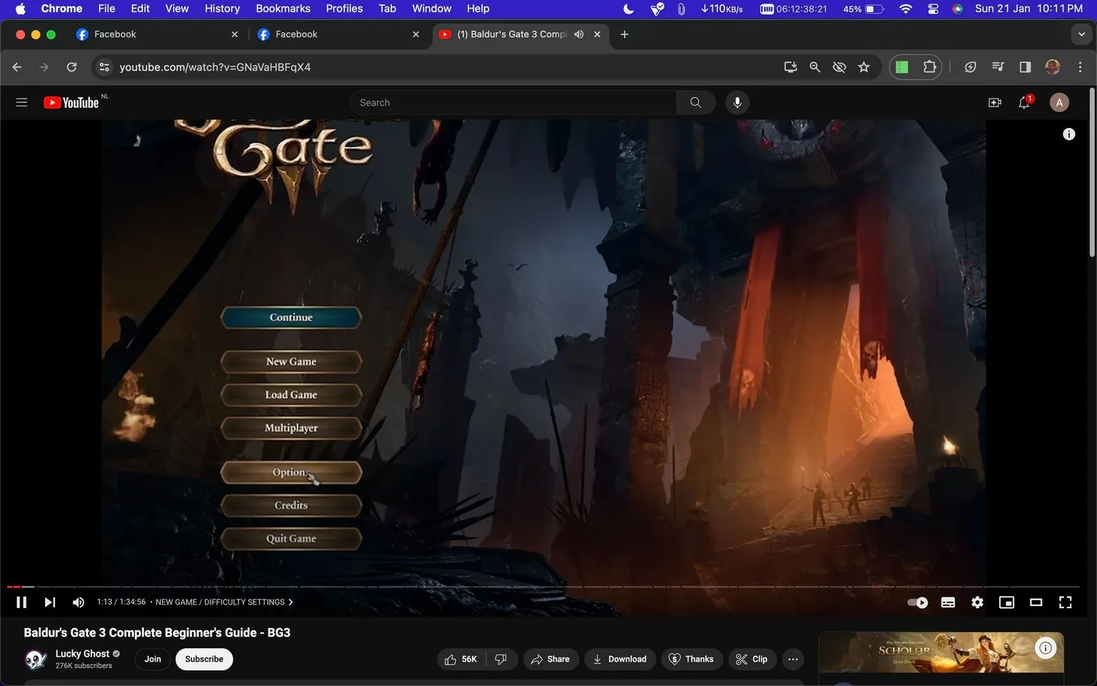 The image is a screenshot from a YouTube video titled "Baldur's Gate 3 Complete Beginner's Guide - BG3" by the channel Lucky Ghost. The focus is on the game's main menu, which features options like "Continue," "New Game," "Load Game," "Multiplayer," "Options," "Credits," and "Quit Game." The background presents a dark, fantasy-themed scene with towering structures and a warm glow emanating from what appears to be a large doorway draped with tattered red banners.
The atmosphere is mysterious and slightly ominous, fitting the fantasy genre of Baldur's Gate 3. The scene includes silhouetted figures and elements like pillars and debris, enhancing the medieval and adventurous feel. The YouTube interface is visible, with elements like the video progress bar, playback controls, and engagement buttons such as "Like," "Share," and "Subscribe." The video is paused at 1 minute and 13 seconds, with the subtitle "NEW GAME / DIFFICULTY SETTINGS" displayed at the bottom.
- Title: "Baldur's Gate 3 Complete Beginner's Guide - BG3"
- Channel / profile: "Lucky Ghost"
- Site / app: "YouTube"
- Captions / subtitles: "NEW GAME / DIFFICULTY SETTINGS"