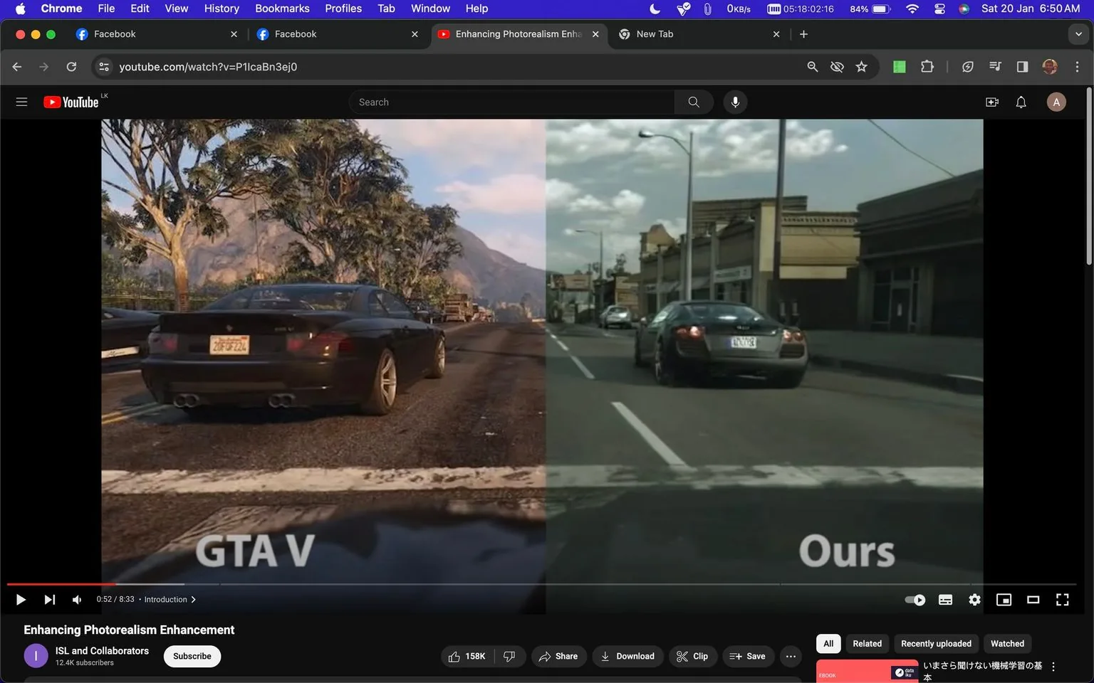 The image is a screenshot from a YouTube video titled "Enhancing Photorealism Enhancement," hosted on the channel "ISL and Collaborators." It features a side-by-side comparison of two scenes: one from the video game "GTA V" and the other labeled "Ours," likely showcasing an enhanced version of the game's graphics. On the left, the "GTA V" scene displays a car driving along a tree-lined road, with bright lighting and detailed textures typical of the game. The right side, "Ours," shows a similar car on an urban street with more realistic lighting and shadows, suggesting advancements in photorealistic rendering. The colors are more muted, and the environment appears more lifelike. The image highlights differences in visual fidelity and realism between standard and enhanced graphics. The scene is set during the day, and both settings feature vehicles prominently in the foreground.