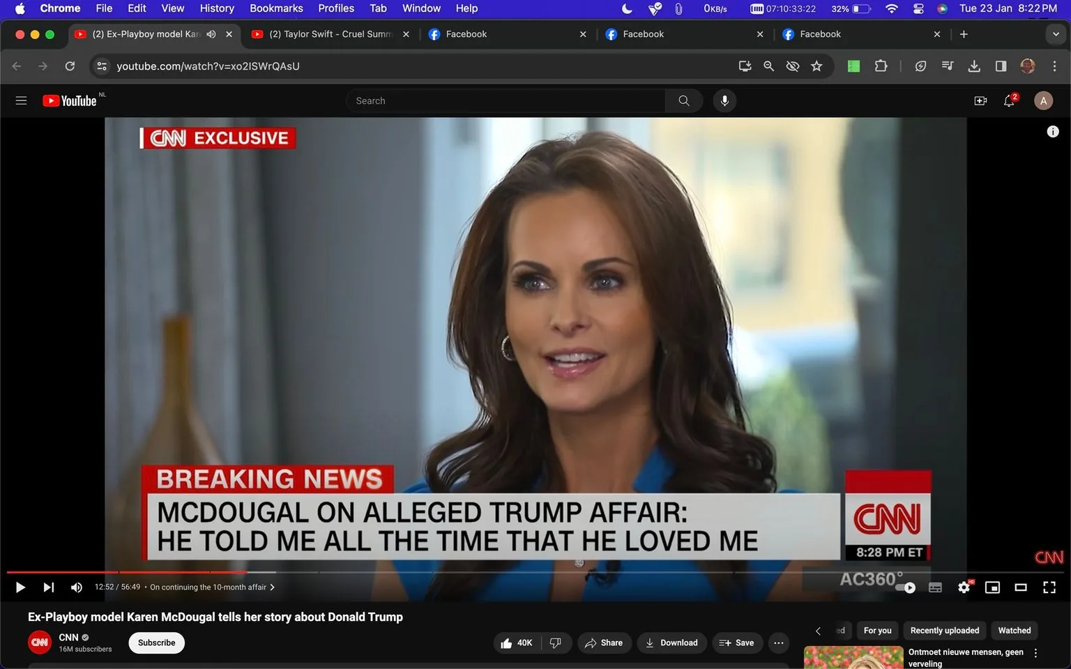 The image is a video frame from a CNN exclusive interview featuring Karen McDougal. She is positioned in the foreground, speaking directly to the camera, suggesting that she is involved in a serious conversation. Karen McDougal is wearing a blue outfit, with her brown hair styled in loose waves. Her expression appears composed and focused, indicative of the serious nature of the interview. The background is blurred, possibly showing a dimly lit room or studio setting, maintaining the focus on her.
The screen displays several text overlays. At the top left, "CNN EXCLUSIVE" is prominently featured, indicating the nature of the broadcast. Below, a red banner labeled "BREAKING NEWS" highlights the main topic: "MCDOUGAL ON ALLEGED TRUMP AFFAIR: HE TOLD ME ALL THE TIME THAT HE LOVED ME." This suggests the interview is about her alleged affair with Donald Trump. The CNN logo and the time "8:28 PM ET" are also visible, along with the program designation "AC360˚," indicating it's part of the "Anderson Cooper 360°" show. The YouTube interface is visible, showing the video title and channel, "CNN," with engagement metrics like a like count of 40K.