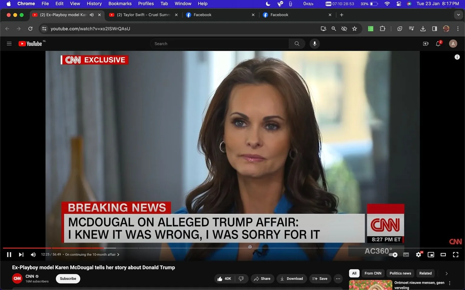 Karen McDougal is seen in a CNN interview discussing her perspective on an alleged affair with Donald Trump. The setting is a formal news interview, likely indoors, as suggested by the background which includes a blurred glimpse of a sophisticated interior. Karen McDougal is centered in the frame, wearing a blue outfit, and her expression is serious and reflective. The lighting is soft and professional, enhancing the focus on her face as she speaks with sincerity.
The screenshot features on-screen text indicating it is a "CNN EXCLUSIVE" segment, with a "BREAKING NEWS" banner stating, "MCDOUGAL ON ALLEGED TRUMP AFFAIR: I KNEW IT WAS WRONG, I WAS SORRY FOR IT." The time is marked as "8:27 PM ET" and the show is labeled as "AC360°." This scene is from a YouTube video titled "Ex-Playboy model Karen McDougal tells her story about Donald Trump," published by CNN. The visual layout is typical of news interviews with clear branding and text overlays, maintaining the focus on the subject's narrative.