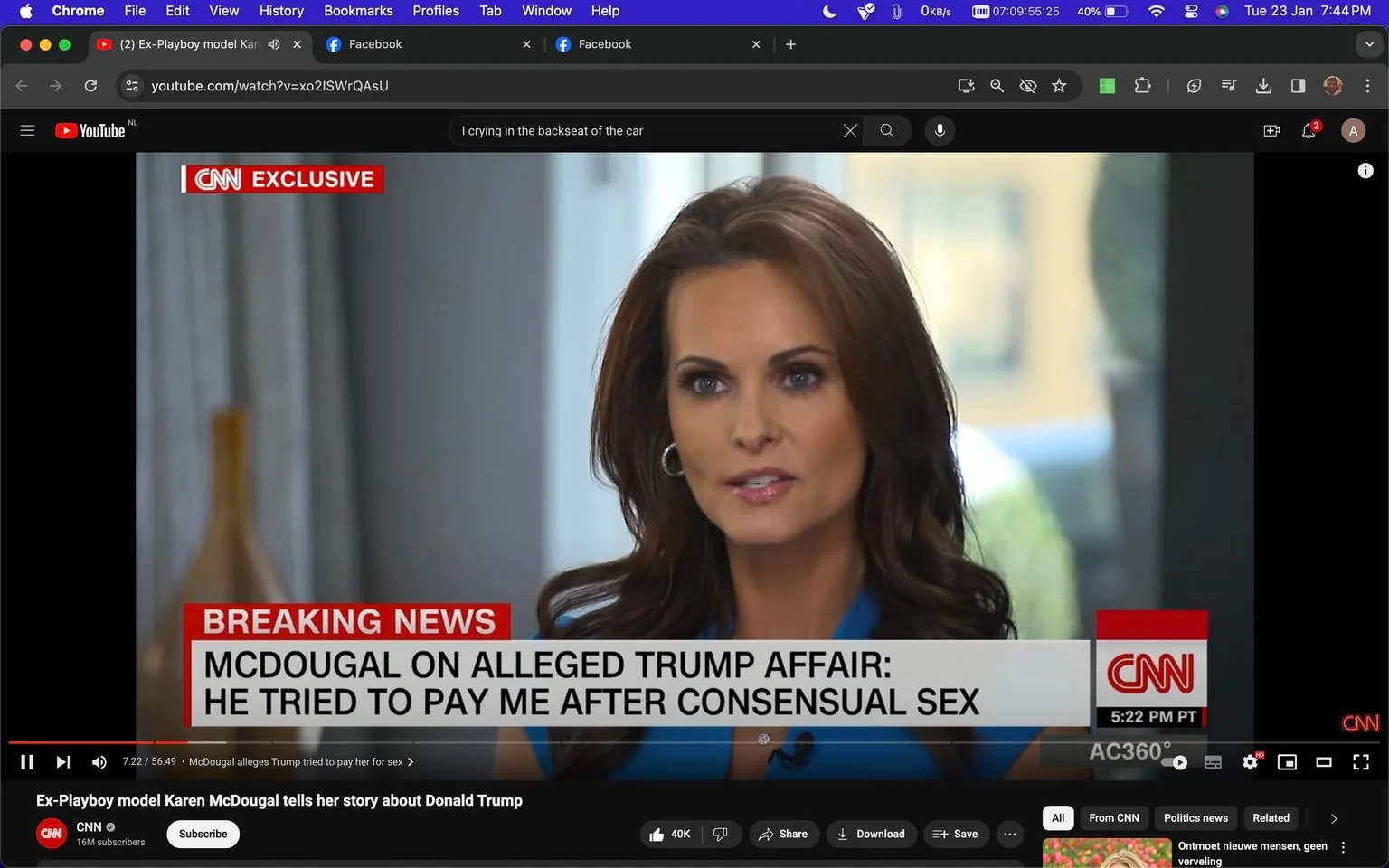 Karen McDougal is featured in this interview screenshot from a CNN exclusive segment, visible on YouTube. The headline reads, "Ex-Playboy model Karen McDougal tells her story about Donald Trump," underlining the focus of the interview. McDougal is pictured in the foreground, appearing serious and composed, her eyes directed at the interviewer or camera, likely conveying the gravity of the subject matter. Her attire is professional, wearing a blue top, and her hair is styled neatly, which adds to the formal tone of the setting.
The background is softly blurred, suggesting a neutral indoor environment typical of interview settings, possibly designed to maintain focus on McDougal. The lighting is bright and even, highlighting McDougal's features clearly.
Prominently displayed on the screen are key texts, including "BREAKING NEWS" and "MCDOUGAL ON ALLEGED TRUMP AFFAIR: HE TRIED TO PAY ME AFTER CONSENSUAL SEX," indicating the nature of the story. The CNN logo and the timestamp "5:22 PM PT" are visible, along with the "AC360" branding, indicating this is from a segment of Anderson Cooper 360. This frame captures a moment from what appears to be an in-depth and possibly emotional recounting of her experiences related to the alleged affair with Donald Trump.