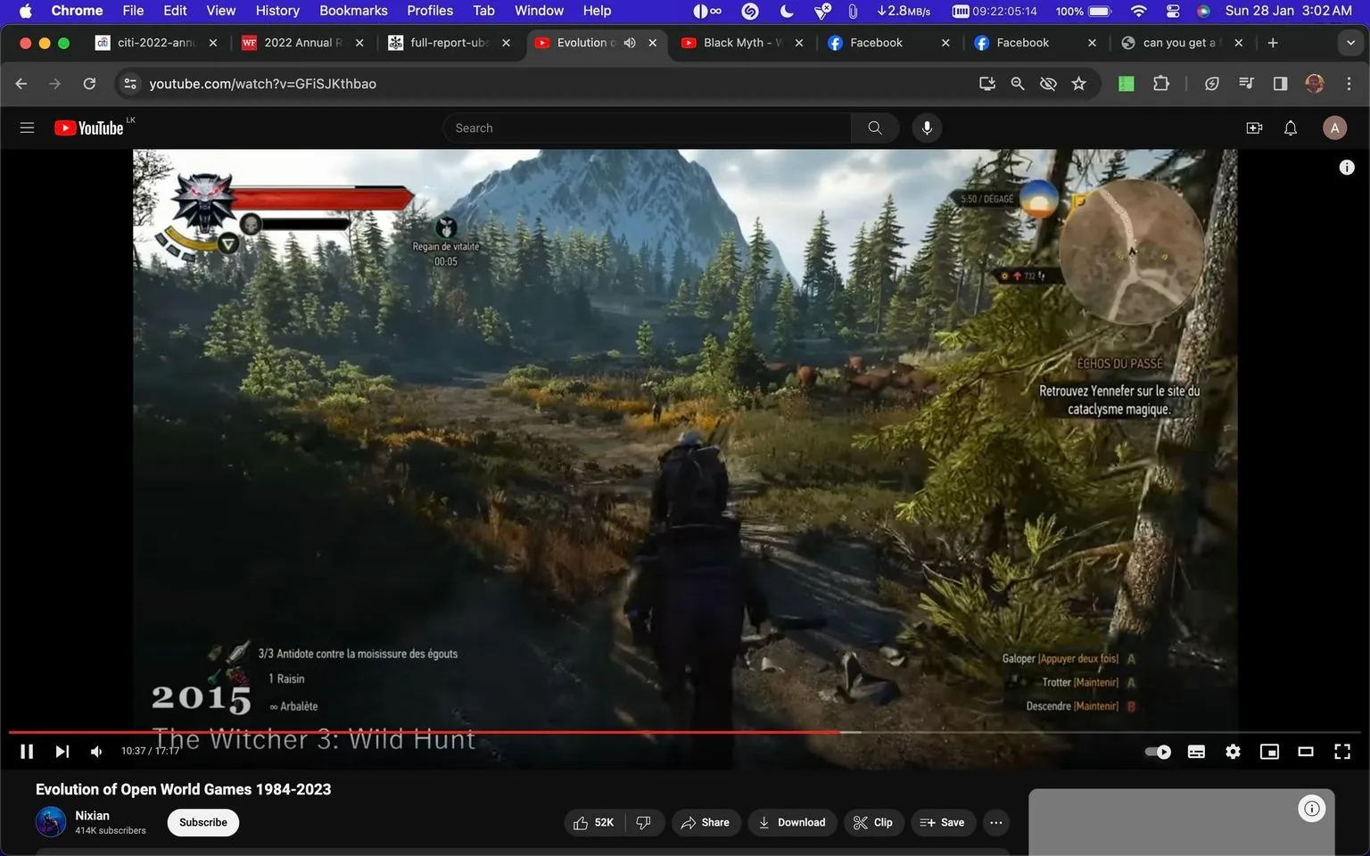 In this screenshot, we see a scene from the YouTube video titled "Evolution of Open World Games 1984-2023" by the channel Nixian. The video frame features gameplay from the game "The Witcher 3: Wild Hunt," which was released in 2015. The screen captures the player navigating through a lush, expansive environment, characterized by a dense forest and a distant snow-capped mountain. The atmosphere is vibrant and detailed, showcasing the game's high-quality graphics.
The player is on horseback, with the character in the foreground moving along a path surrounded by rich greenery and wild vegetation. The HUD displays various on-screen elements such as health bars and a mini-map. French subtitles provide instructions, including "Retrouvez Yennefer sur le site du cataclysme magique" and controls such as "Galoper [Appuyer deux fois] A."
This captures the immersive nature of open-world gaming, highlighting the freedom and exploration aspects typical of "The Witcher" series. The interface is informative, with text providing context and guidance for the player's actions within the game.
- Title: "Evolution of Open World Games 1984-2023"
- Channel / profile: "Nixian"
- Site / app: "YouTube"
- Captions / subtitles: "Retrouvez Yennefer sur le site du cataclysme magique."