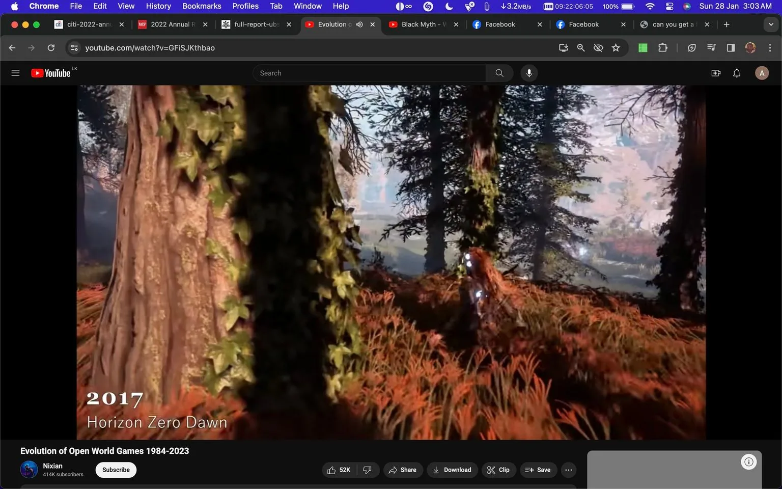 The image is a screenshot from a YouTube video titled "Evolution of Open World Games 1984-2023" on the channel "Nixian." The scene features a detailed, lush outdoor environment with tall trees and dense foliage, highlighting the graphical realism typical of modern video games. Prominently displayed on the screen is the text "2017 Horizon Zero Dawn," indicating the featured game. The game's setting appears to be a forest, rendered with attention to detail, capturing the nature's textures and colors vividly, with sunlight filtering through the leaves. The video appears to be showcasing the visual and thematic evolution of open-world games over the years. The screenshot includes YouTube's interface elements, such as video title, channel name, and various viewer interaction options like likes and sharing.