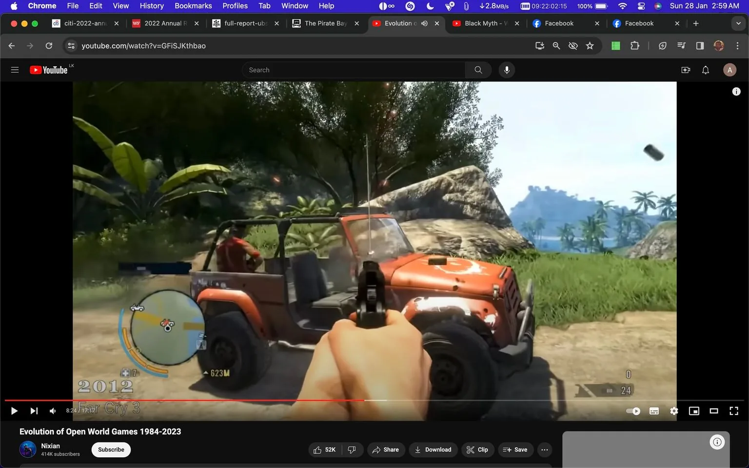 The screenshot captures a YouTube video titled "Evolution of Open World Games 1984-2023" from the Nixian channel. The video showcases gameplay from the game "Far Cry 3," a title released in 2012. The scene features a first-person perspective aiming a gun at a red-orange jeep, which is parked in a lush, tropical environment with greenery and distant mountains. The player's hand and firearm are visible in the foreground, emphasizing the action-focused nature of the game. A mini-map and ammunition count are displayed on the screen, providing typical in-game information.
The YouTube interface is visible, with elements like the video timeline, view count, likes, and engagement buttons. The browser tabs and bookmarks bar suggest a user browsing on a computer. The overall composition highlights the tropical setting of "Far Cry 3," known for its open-world exploration and action-adventure gameplay. The vibrant colors of the jeep and surrounding foliage contrast with the blue sky and distant ocean, creating an immersive gaming environment.
- Title: "Evolution of Open World Games 1984-2023"
- Channel / profile: "Nixian"
- Site / app: "YouTube"