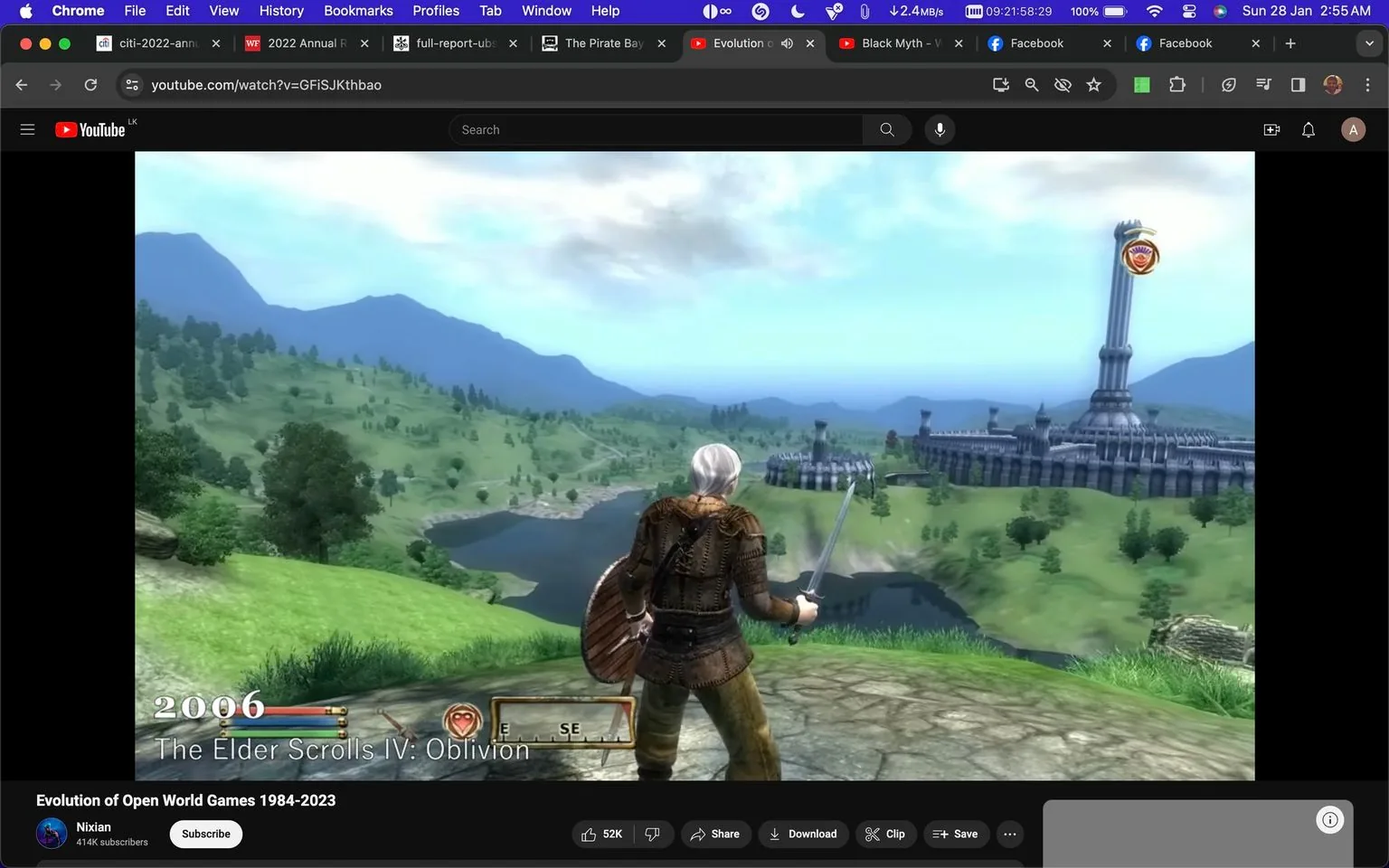 The screenshot shows a YouTube video titled "Evolution of Open World Games 1984-2023" on the channel "Nixian." The image is a frame from the video game "The Elder Scrolls IV: Oblivion," released in 2006. The scene captures a character standing on a grassy hill, overlooking a vast, lush landscape. In the background, there are rolling hills, a river, and a large castle-like structure with a tall tower, indicative of the game’s expansive fantasy environment. The character, seen from behind, is holding a sword and shield, dressed in medieval-style armor, suggesting readiness for adventure. The bright, clear sky and vibrant greenery emphasize the open-world exploration aspect of the game. The user interface displays a compass and health bar, typical of RPGs, enhancing the immersive experience for players. The overall mood is adventurous and exploratory, inviting viewers to appreciate the evolution of open-world gaming.