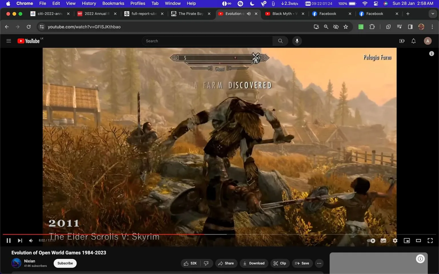 The image is a screenshot from a YouTube video titled "Evolution of Open World Games 1984-2023" on the channel Nixian. It depicts a scene from the game "The Elder Scrolls V: Skyrim," released in 2011. The scene shows a character in the foreground facing a giant, which is a recurring enemy type in the game. The setting is an outdoor, rural landscape with rolling hills and a rustic farmstead visible in the background. The text "Farm Discovered" and "Pelagia Farm" indicates that the player has reached a new location within the game world.
The character in the foreground is clad in medieval-style armor, carrying a shield and a weapon, poised for combat. The giant, towering over the player, is wielding a large club. The environment is bathed in warm, golden sunlight, typical of the game's atmospheric design. The video player interface is visible, showing playback controls and viewer engagement metrics, including likes and subscriber count. The overall mood of the image conveys the epic, adventurous nature of "Skyrim," highlighting its open-world exploration and fantasy elements.