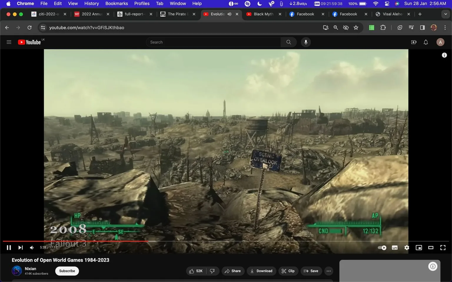 The screenshot is from a YouTube video titled "Evolution of Open World Games 1984-2023" on the channel Nixian. The scene features a post-apocalyptic landscape from the game "Fallout 3," indicated by the on-screen text and game interface. The setting depicts a desolate, barren environment with debris, ruined structures, and a faded "Scenic Overlook" sign. The foreground includes rocky terrain, while the background shows remnants of a city skyline, creating a sense of desolation typical of the "Fallout" series. The user interface elements, such as the health and action points meter, are visible at the bottom, showcasing the immersive and survival-oriented gameplay. The color palette is muted, reflecting the game's grim atmosphere, with a dusty, overcast sky enhancing the sense of abandonment. This frame captures the thematic essence of exploration and survival in a world transformed by cataclysmic events.
- Title: "Evolution of Open World Games 1984-2023"
- Channel / profile: "Nixian"
- Site / app: "YouTube"
