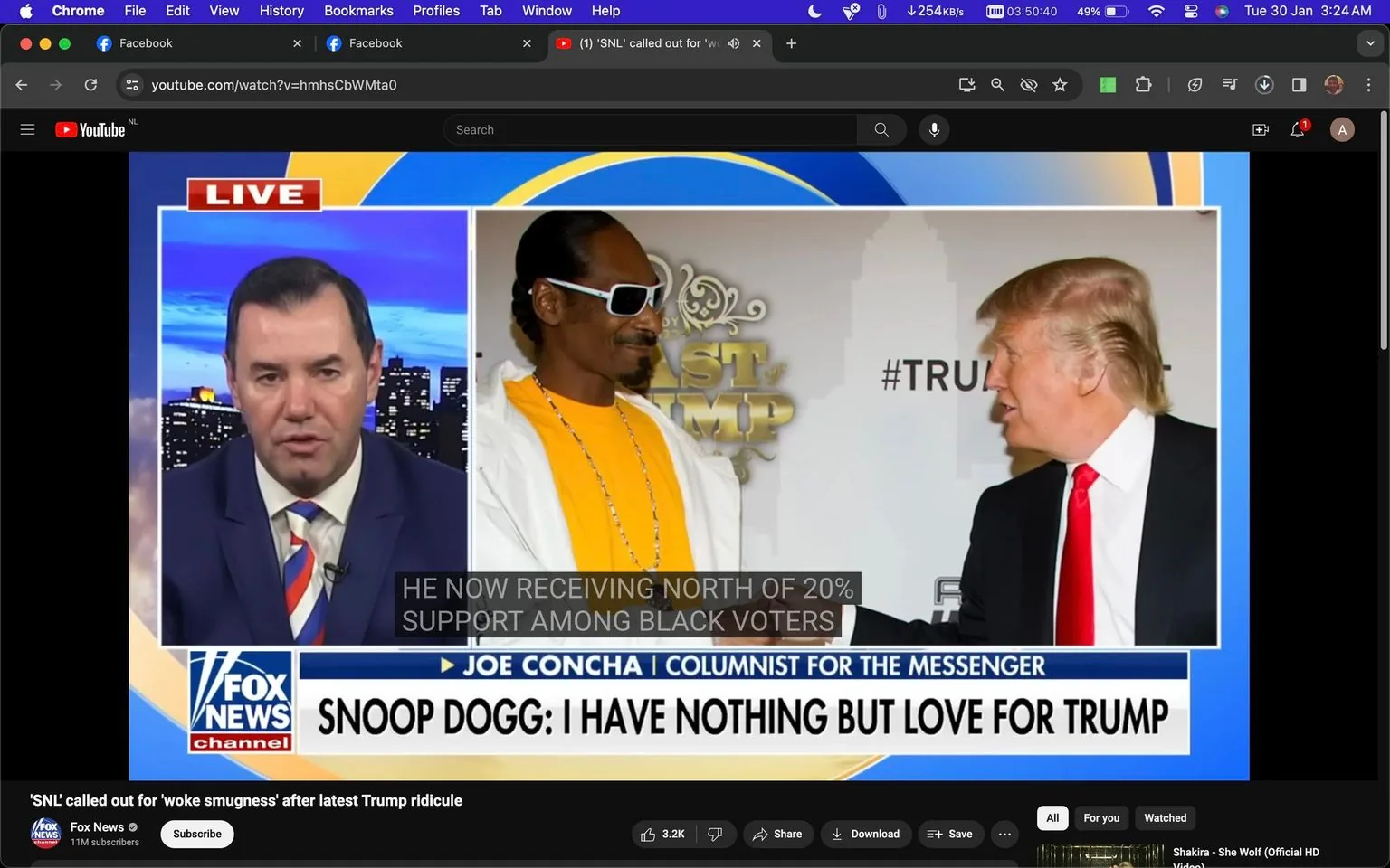 The image is a screenshot from a YouTube video titled "'SNL' called out for 'woke smugness' after latest Trump ridicule," featured on the Fox News channel. The composition is divided into two sections, typical of a news broadcast. On the left, a man is speaking, likely Joe Concha, identified as a columnist for The Messenger. He is dressed in a navy blue suit with a striped tie, set against a backdrop of a cityscape with a blue sky.
On the right, there's an image of two individuals: one dressed in white with sunglasses and a yellow shirt, and another wearing a black suit with a red tie, standing in front of a backdrop with "#TRUMP" partially visible. The scene suggests a past event or gathering.
The on-screen text includes Joe Concha's name and the headline "SNOOP DOGG: I HAVE NOTHING BUT LOVE FOR TRUMP," implying a discussion or segment about Snoop Dogg's views on Trump. Captions at the bottom mention a political statistic about support among Black voters. The visual style is typical of a news broadcast, with a clear and professional layout.
