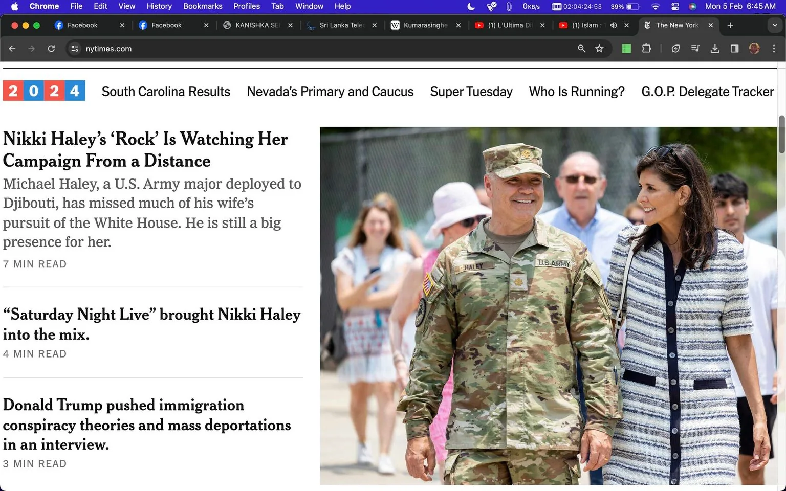 Nikki Haley is prominently featured in this image as she walks alongside a person in a U.S. Army uniform. The setting appears to be outdoors, possibly during a public or political event, given the presence of other people in the background. Nikki Haley, wearing a blue-and-white striped coat with dark trim and buttons, appears to be engaged in conversation and smiling, conveying a positive and amicable mood. The man next to her, identified as wearing an Army uniform with the name tag "HALEY," suggests a connection, likely the "Michael Haley" referred to in the article. The background is blurred, focusing the attention on the individuals in the foreground. The lighting is bright and natural, indicating a daytime setting. The overall composition highlights a personal and supportive dynamic amidst Nikki Haley's political endeavors.
- Title: "Nikki Haley’s ‘Rock’ Is Watching Her Campaign From a Distance"
- Site / app: "nytimes.com"