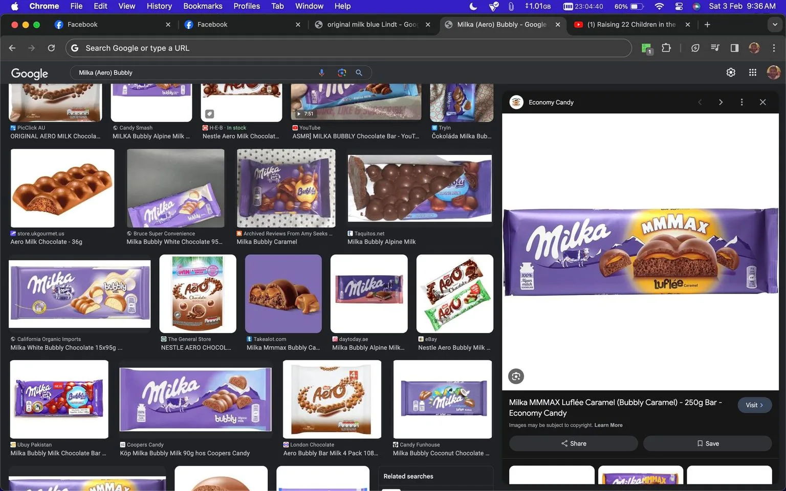 The screenshot depicts a Google search results page for "Milka (Aero) Bubbly." The query is visible in the search bar at the top of the browser window. The browser appears to be Google Chrome, as indicated by the design of the tabs and the menu bar. Near the top, several tabs are open, including Facebook and a YouTube video titled "Raising 22 Children in the...".
The search results show various images of Milka and Aero chocolate products, highlighting their "bubbly" textures. The predominant color theme in the images is purple, which is characteristic of Milka's branding. The main highlighted image on the right showcases a Milka MMMAX Luflée Caramel chocolate bar with a detailed view of its packaging and bubbly caramel filling. Below the image, the text reads: "Milka MMMAX Luflée Caramel (Bubbly Caramel) - 250g Bar - Economy Candy." Other images feature product packaging and pieces of chocolate, emphasizing the bubbly texture.
- Title: "Milka (Aero) Bubbly - Google Search"
- Site / app: "Google"