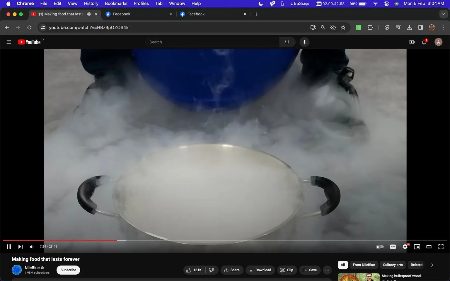 The image is a screenshot from a YouTube video titled "Making food that lasts forever" by the channel NileBlue. The video is playing at the 7:24 mark. The scene depicts a pot with handles filled with a smoky substance, likely indicating a scientific experiment involving liquid nitrogen or a similar cooling process. The pot is at the center of the frame, and a dense fog surrounds it, creating a dramatic visual effect. The background is slightly blurred, focusing the viewer's attention on the pot and the smoke. The style suggests a controlled indoor setting, possibly a laboratory or kitchen environment dedicated to food science or preservation experiments. The visual mood is engaging and mysterious, enhanced by the misty effect of the vapor. The video is part of NileBlue's content, known for scientific exploration and educational entertainment. The interface displays standard YouTube elements, including video title, channel name, and subscriber count, with the video controls visible below.